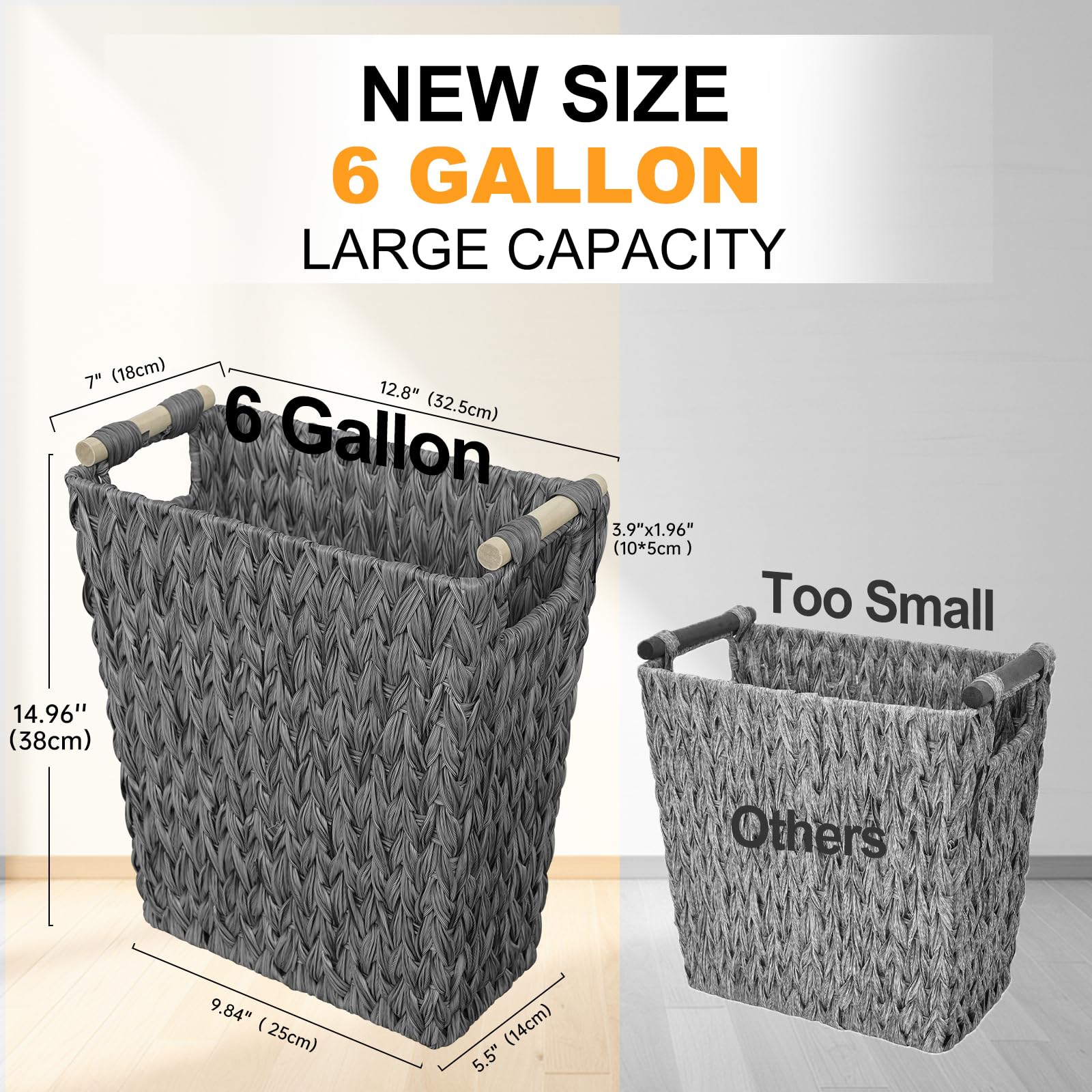 Coeusy Wicker Trash Can,6 Gallon Waterproof Bathroom Garbage Canwith Handle,Narrow Small Waste Basket for Bedroom,Office,Grey