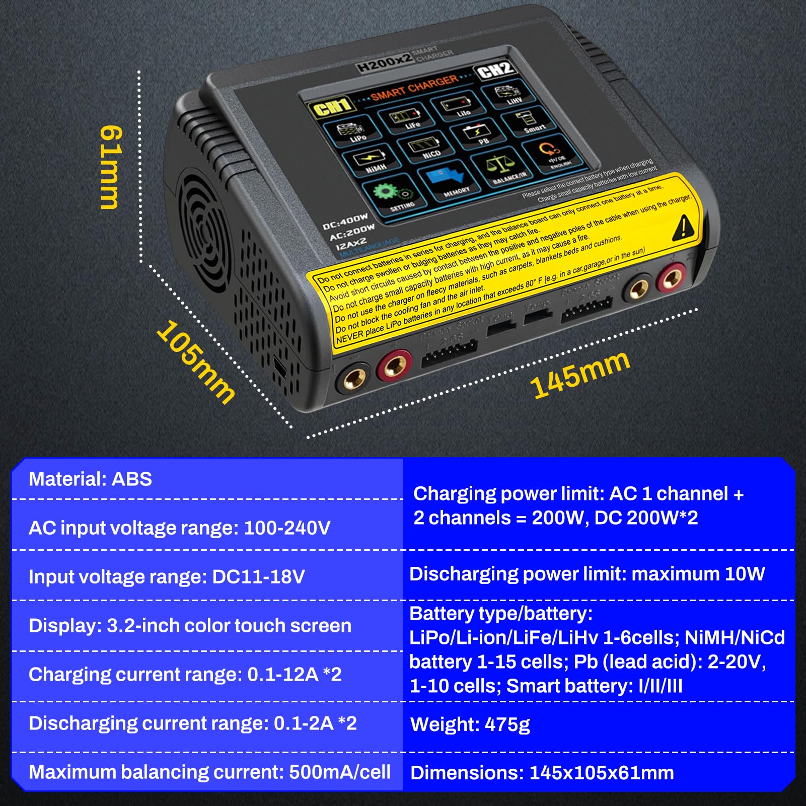 Lipo ladegerät T400 lipo Charger AC200W/DC400W 12A, lipo ladegerät Balancer Doppel-Entlade 3,2 Zoll Farb-Touchscreen Balancer entlader für LiPo/Lilon/Life/NiMH/NiCd/PB/NiMH