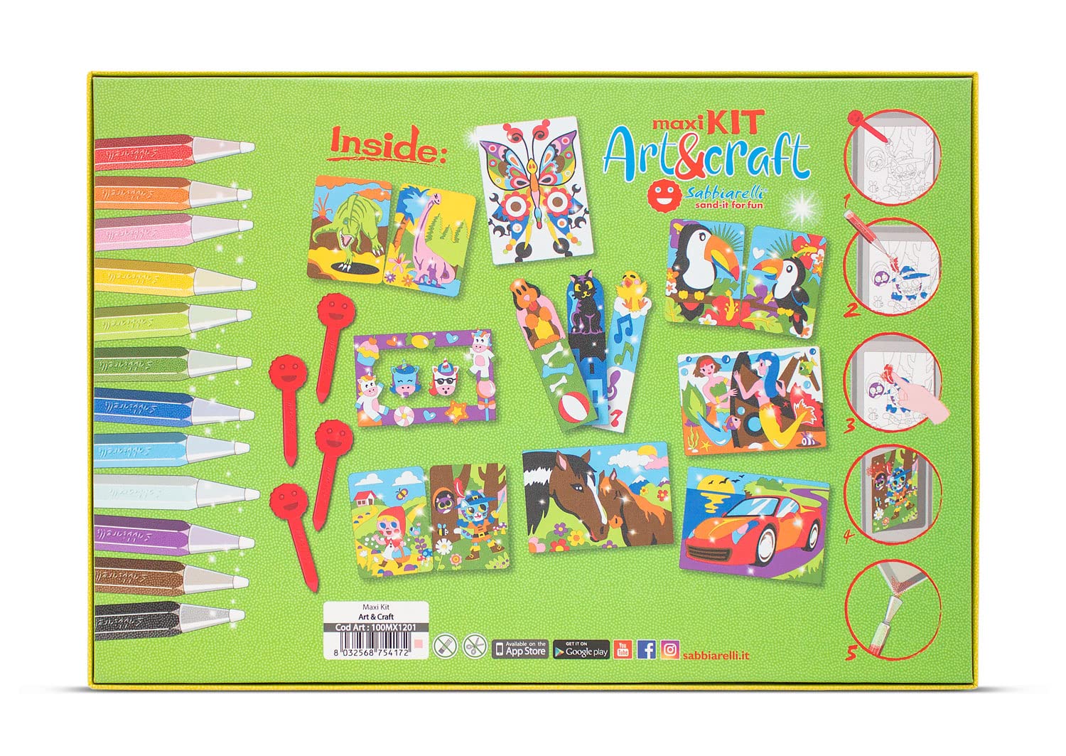 Sabbiarelli – Maxi Kit Art&Craft 5+ | Set de Sand Art con Motivos Variados | Dibujos y Láminas, Arena de Colores y 4 Espátulas | 100% Made in Italy | Niños 5-12 años