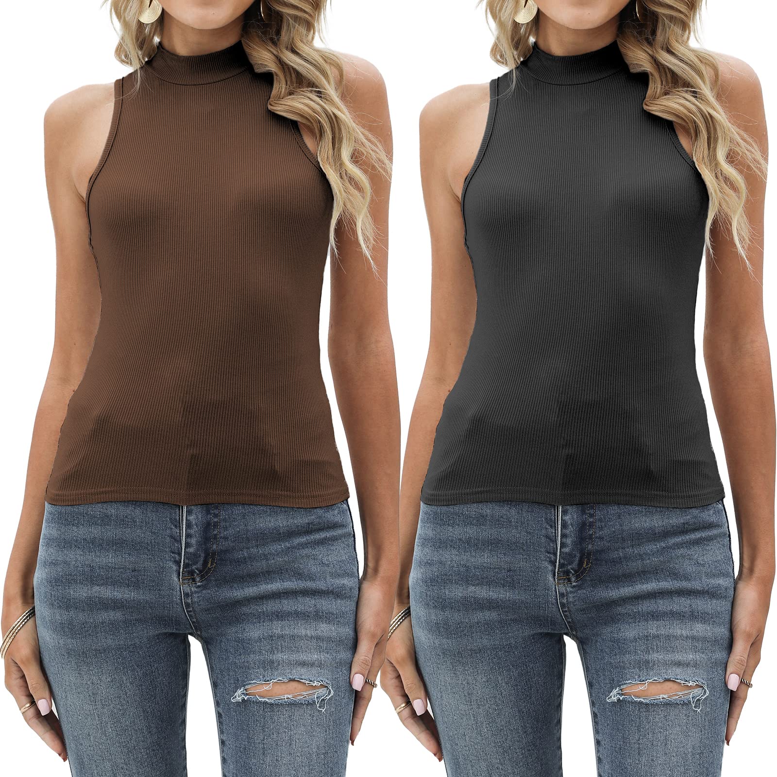 Amilia Women's 2-Pack Basic Casual Mock Neck Halter Racer Back Sleeveless Tank Tops Knit Crop Layer Shirts Y2K E-Girl