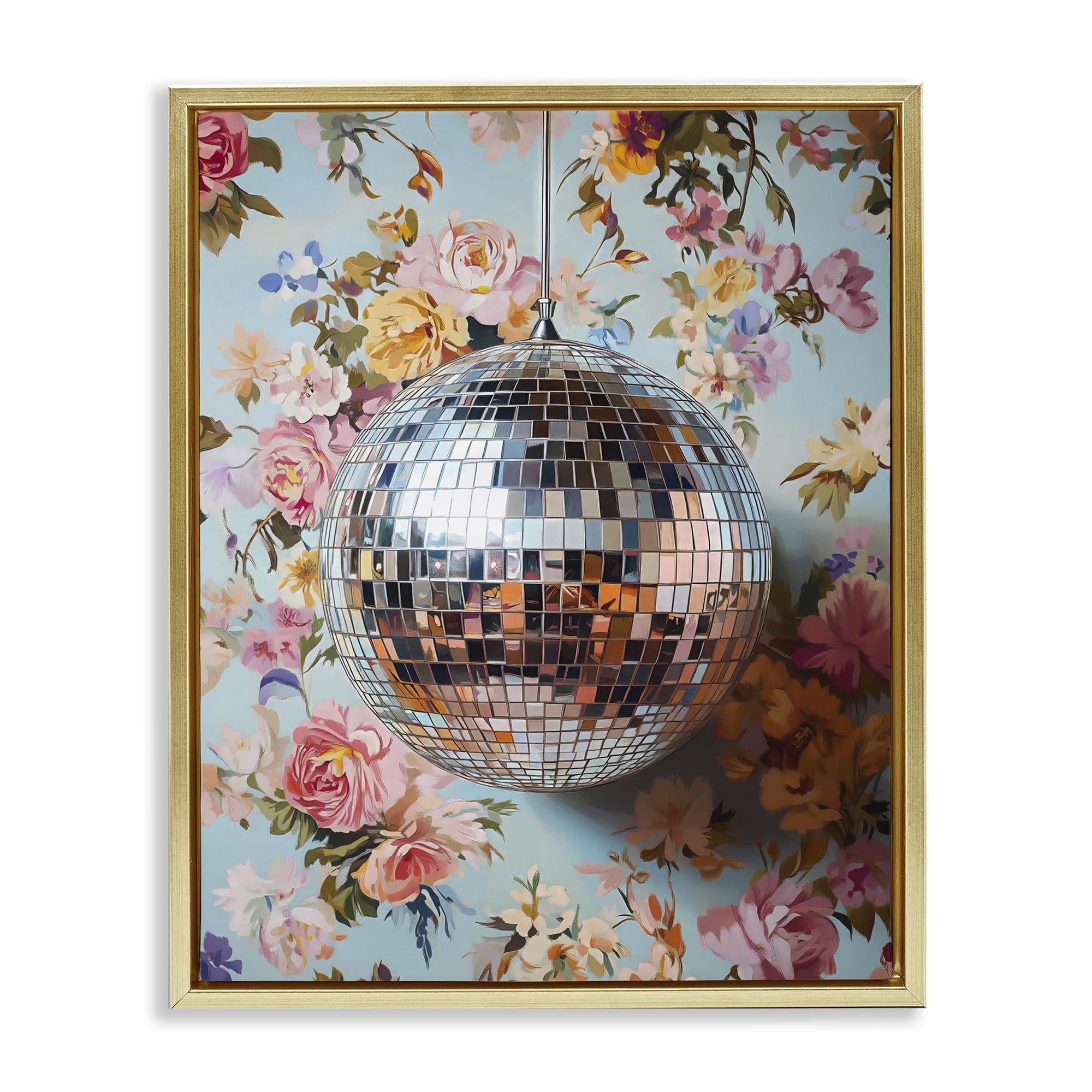 Stupell Industries Metallic Gold (Matte) 'Floral Disco Ball Reflection'| Floating Frame Canvas Art