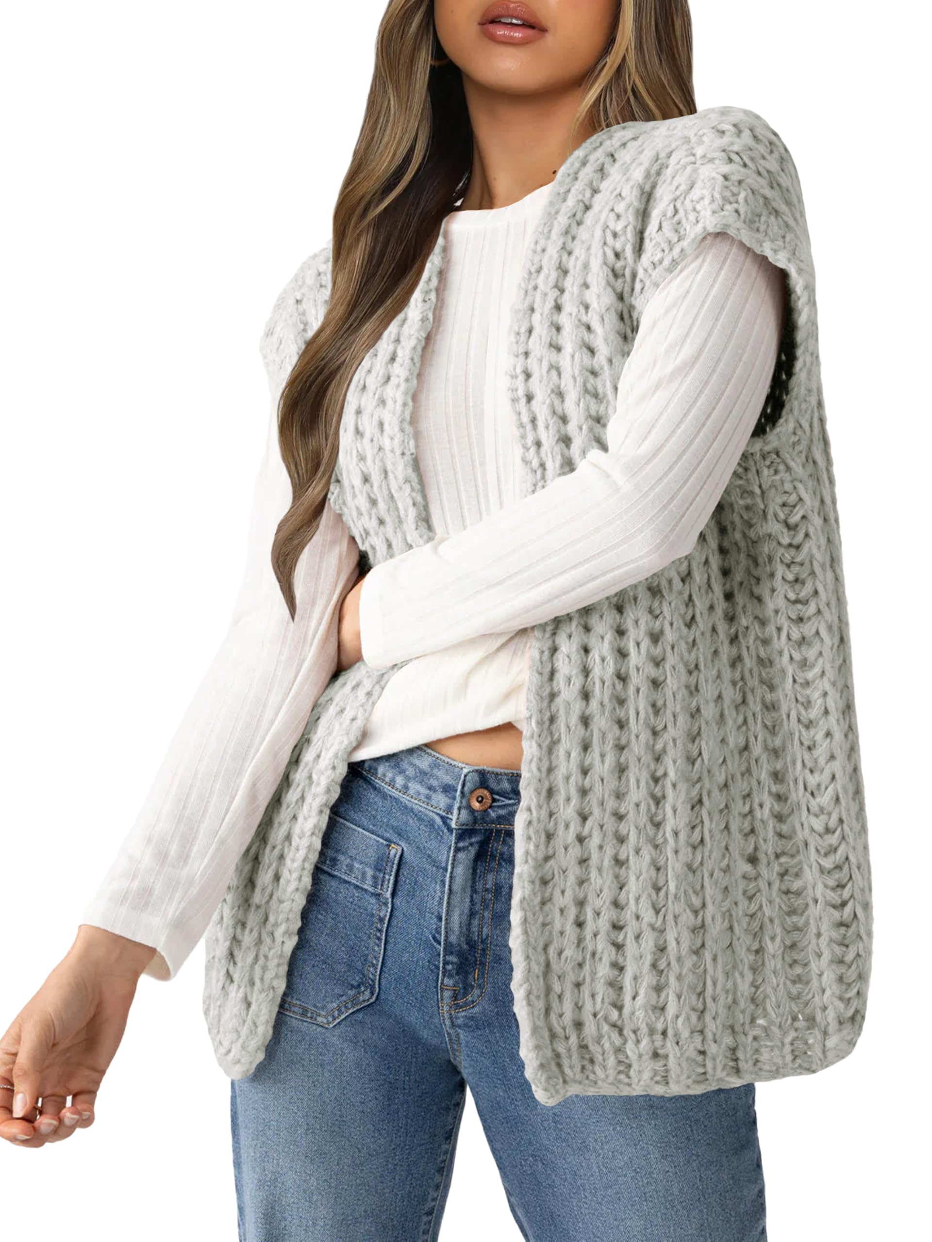YUNLORIA Womens Fall Sleeveless Chunky Knit Long Sweater Vest Crochet Trendy Open Front Cardigan Sweater Tops