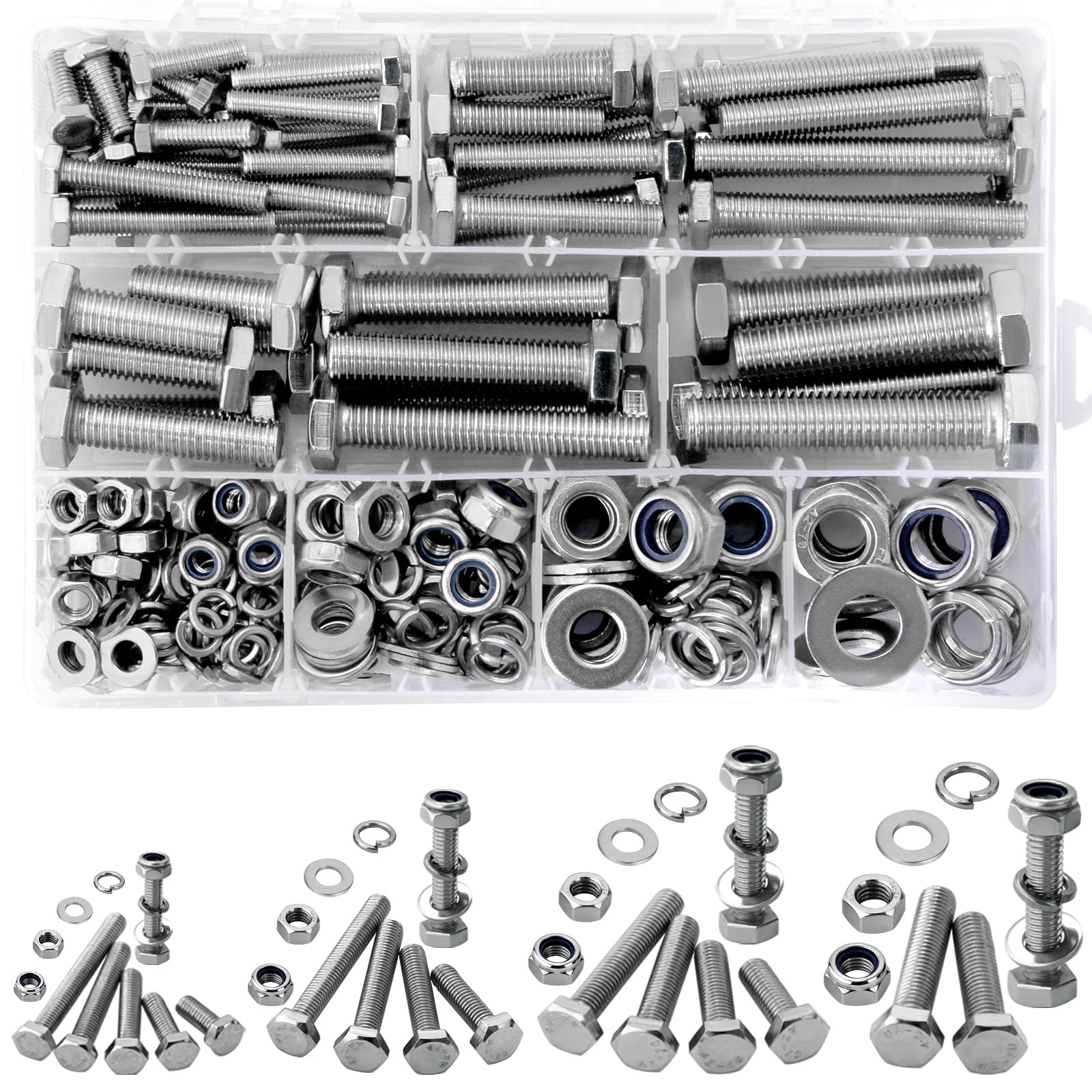 Juego de 247 tuercas y pernos M6 M8 M10 M12, pernos de cabeza hexagonal de acero inoxidable, arandelas y tuercas de bloqueo, tornillos hexagonales de esquina exterior, kit surtido de pernos