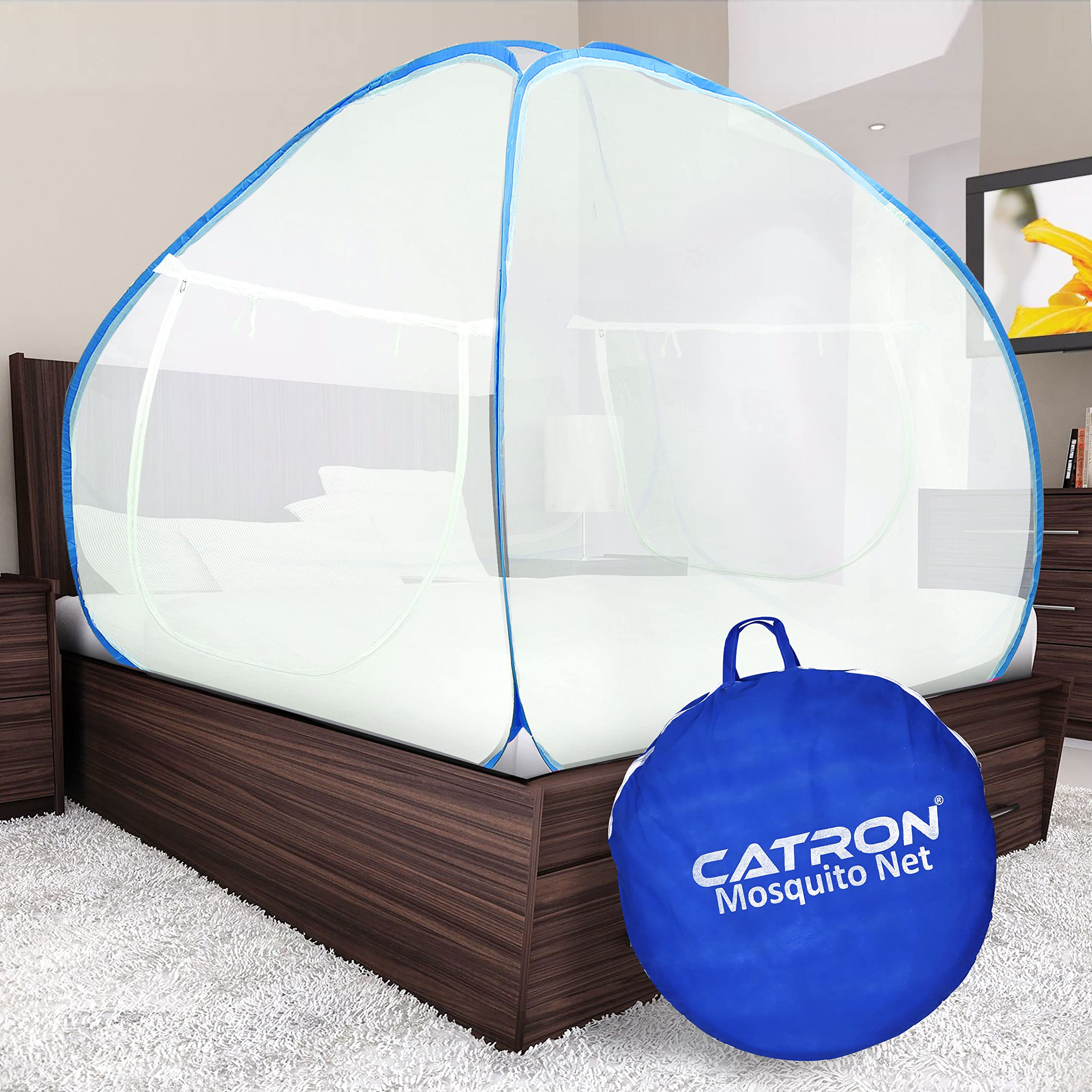 Catron Foldable Mosquito Net/Machhardani Polyester Adults Mosquito Net for Dubble Bed, Strong 30GSM Net, High Durability, Foldable, Tent Shape Mosquito Net (Blue)