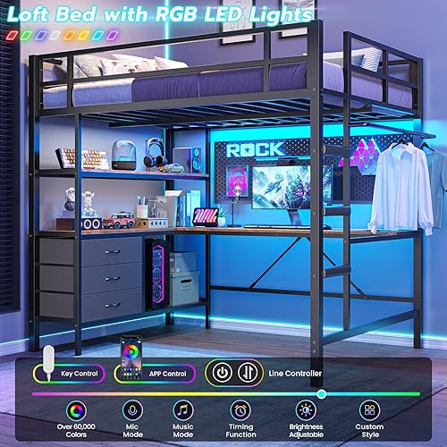 Miniatura 4 de DICTAC Cama tipo loft de tamaño full con escritorio en forma de L y estación de carga, cama alta de metal tamaño full con luces LED, estantes de