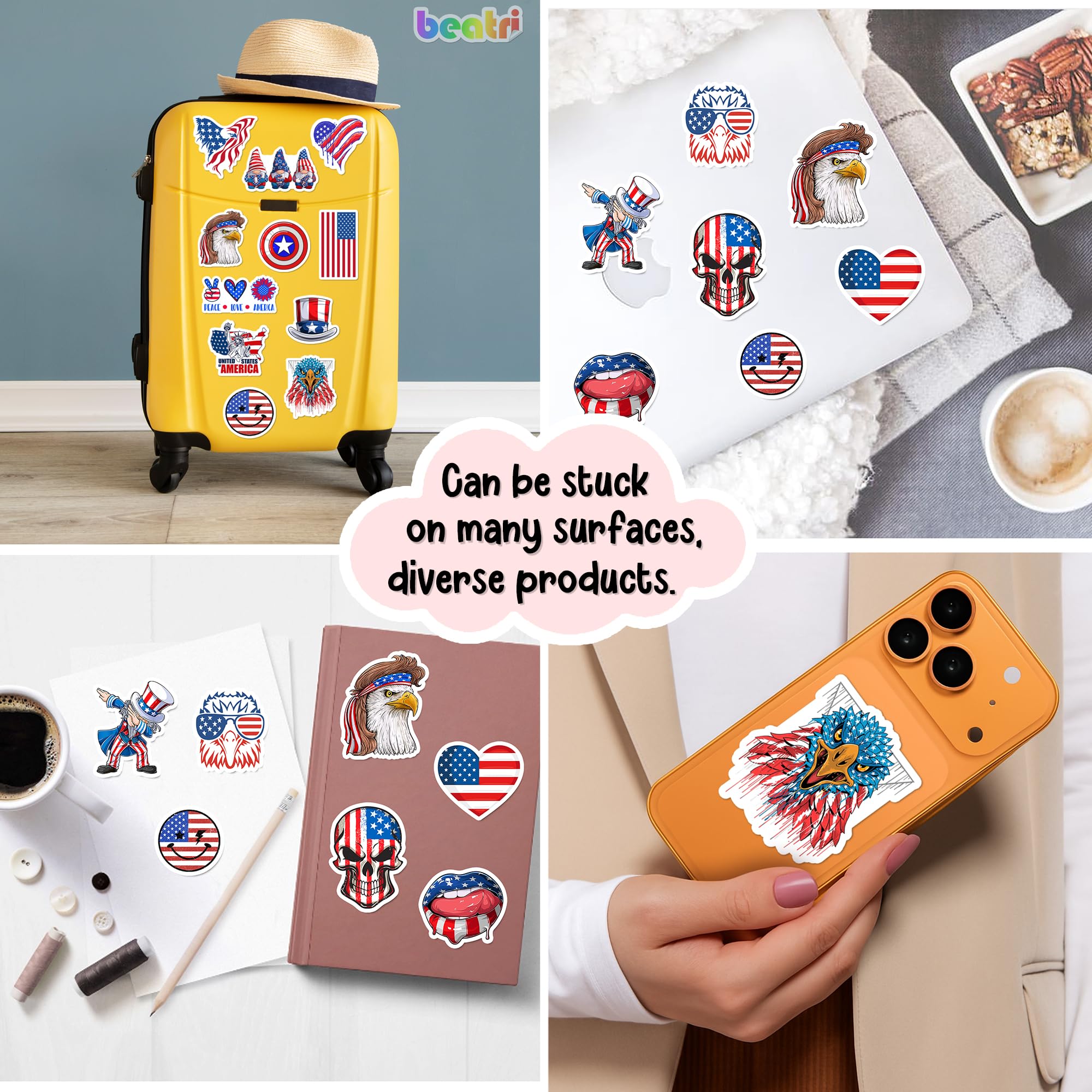BEATRI Adesivo 4 luglio USA 50 pezzi adesivi patriottici americani in vinile impermeabile per bottiglie d'acqua decalcomanie per laptop adesivi decorazione laptop, skateboard