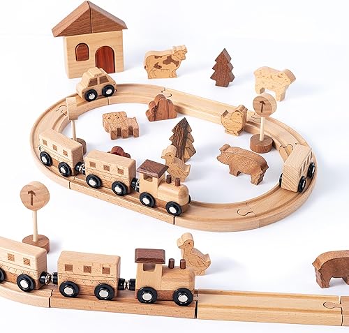 Juego de tren de madera Montessori juguetes para niños fomentan el juego imaginativo y las habilidades motoras finas, pistas de tren de doble cara