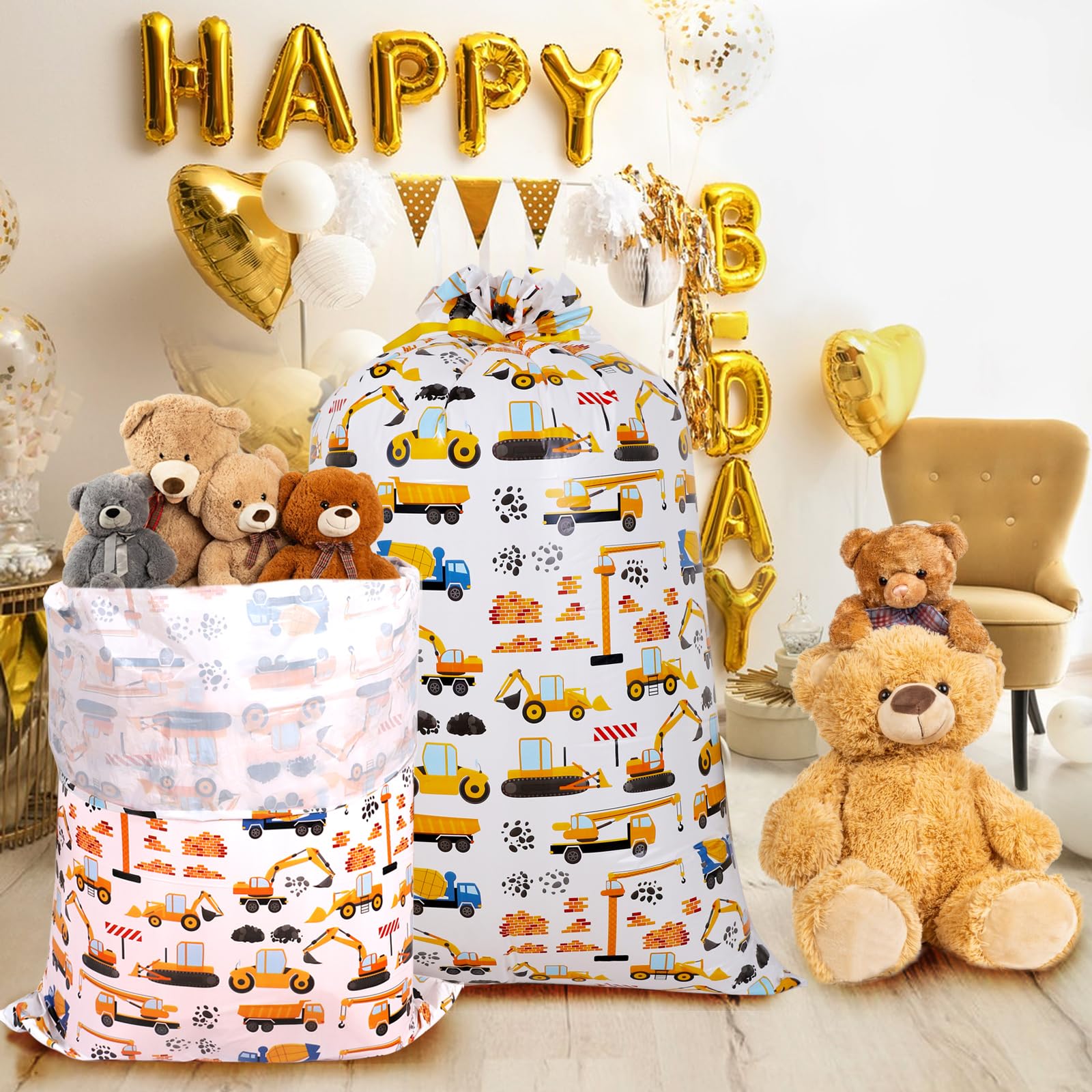 Extra Large Plastic Gift Bag, 56" H x 36" W Jumbo Gift bag Printed Children's Engineering Vehicles Excavator Gift Bag, Specially Set for Birthday Parties and Holidays