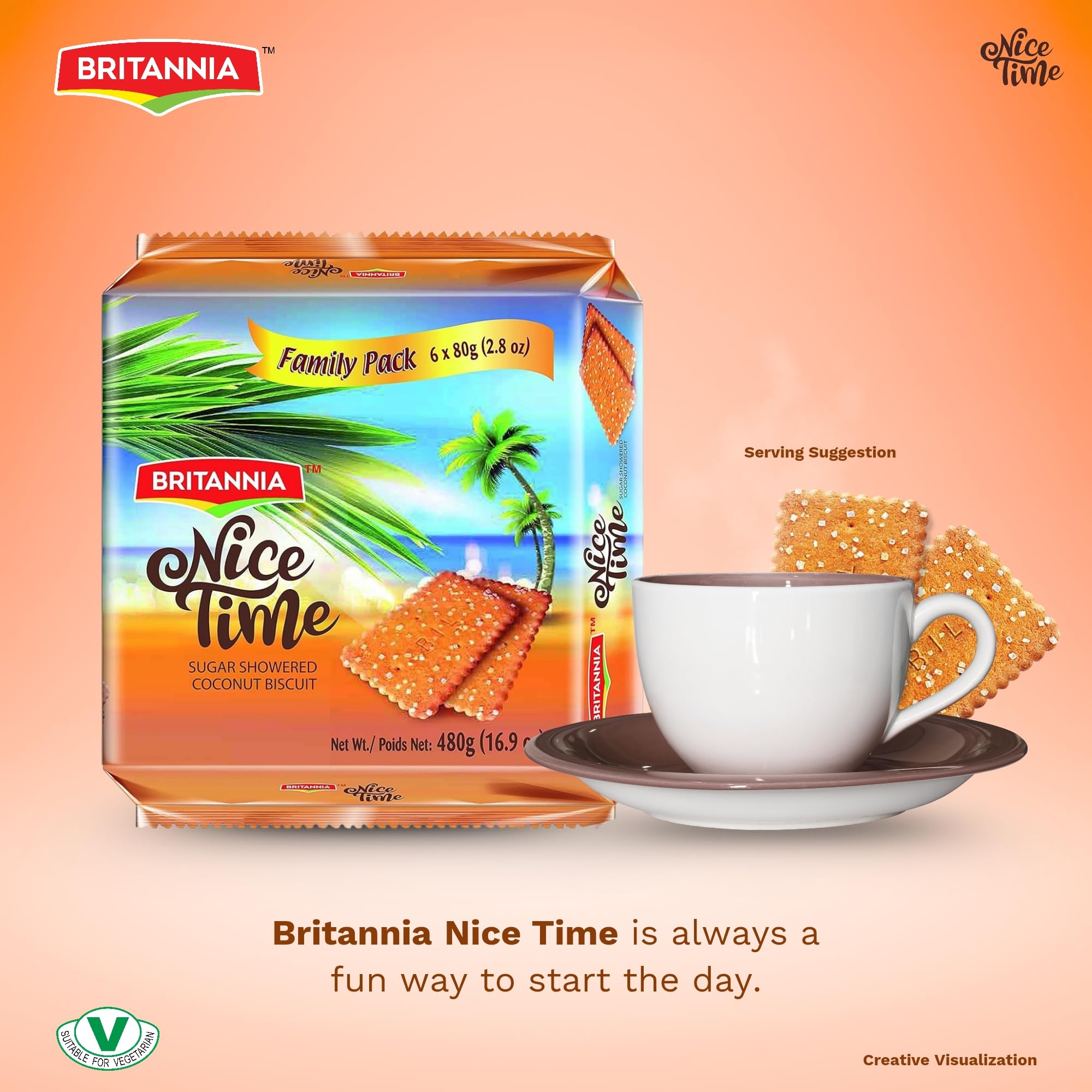 Britannia Nice Time 16.9oz (480g) - Delicious Coconut Biscuit Crunchy - Kids Favorite Breakfast & Tea Time Snacks (Pack of 6 * 80)