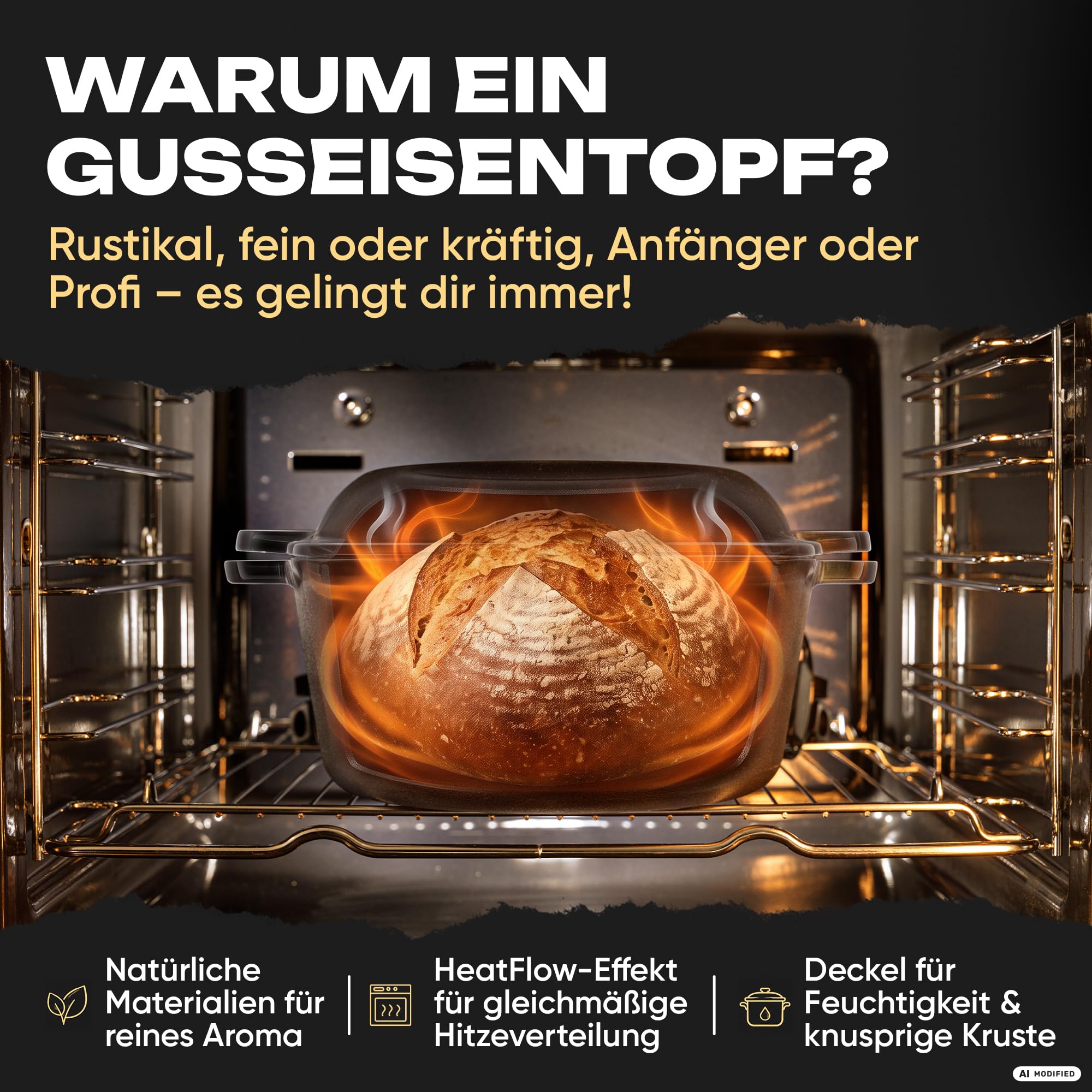 Delicret Gusseisentopf Einsteiger-Set für Brot backen, Gärkorb & Zubehör