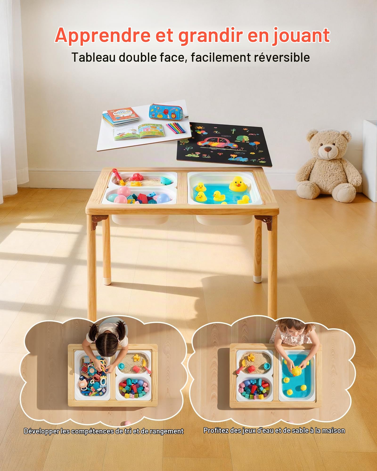 VEVOR Table Sensorielle pour Tout-Petits, Table d'Activité en Bois Pliable pour Enfants, Tableaux Double Face, Bacs de Rangement, Pieds Antidérapants, pour Jeux de Sable et d'eau, Dessin, Éveil