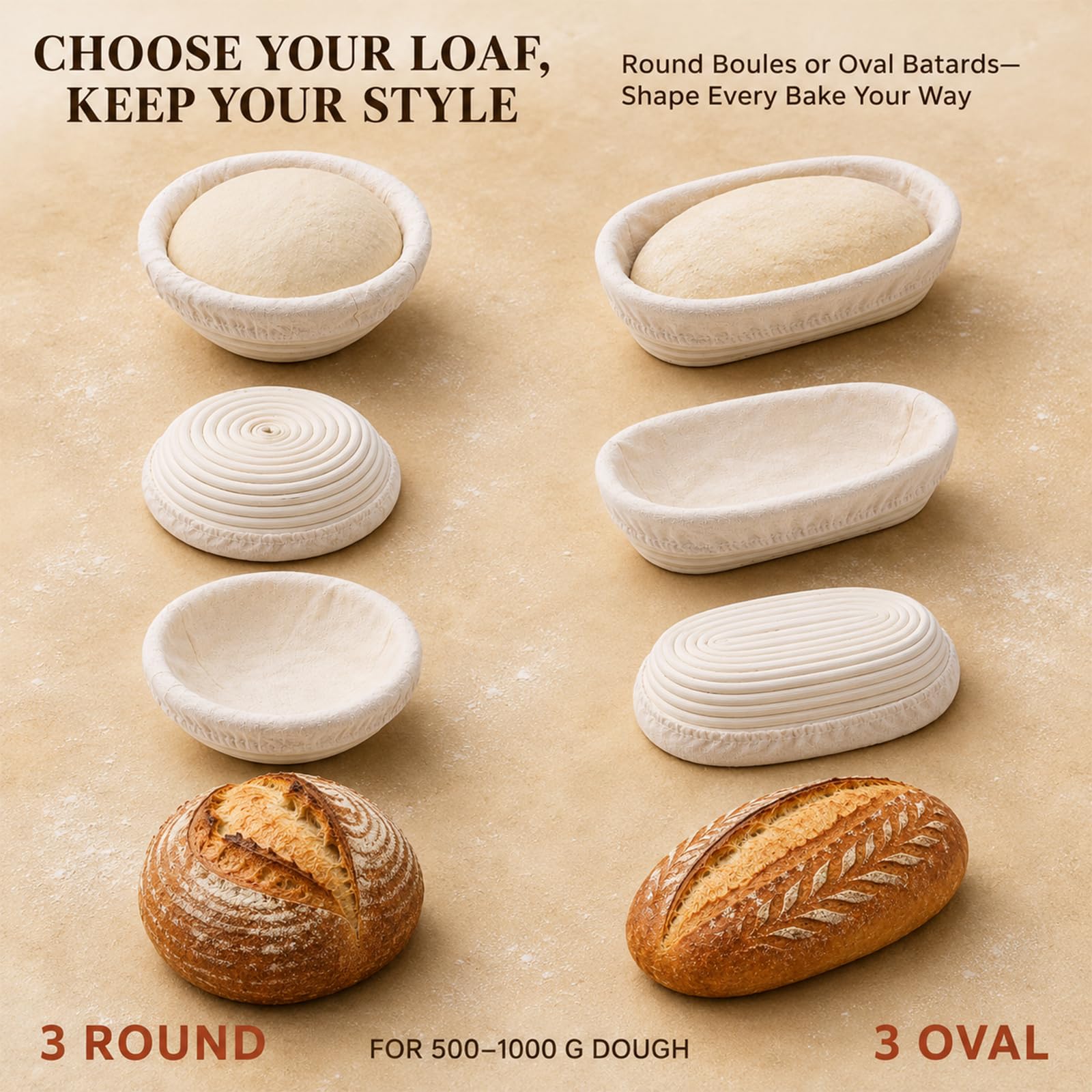 Banneton Pan - Juego de 6 Banetones para Pan de Ratán Natural