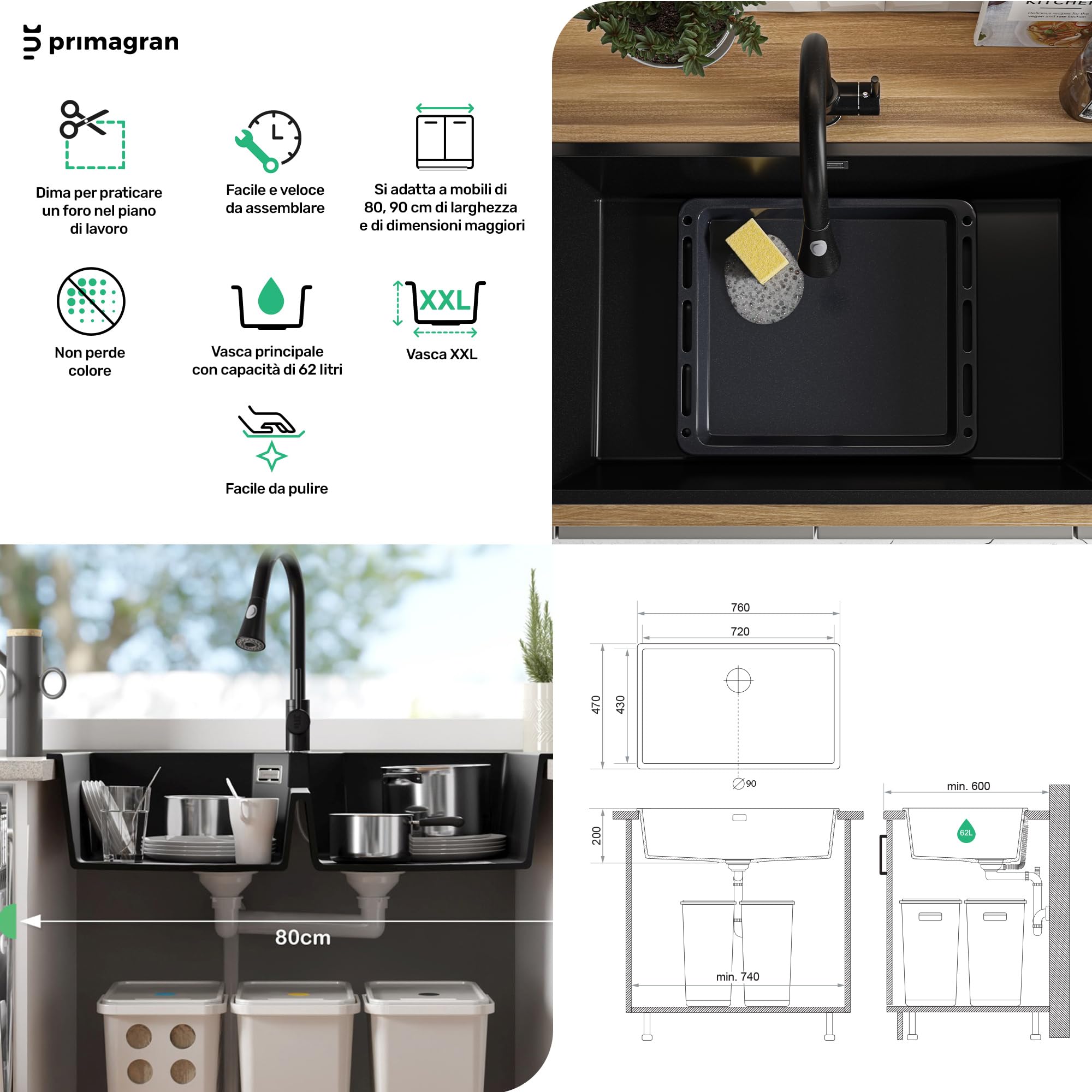 PRIMAGRAN Lavello da Cucina Nero 76x47cm, Lavandino in Granito a 1 vasca + Sifone Classico, Lavabo da Cucina Incasso al Mobile 80cm - London Slim S477