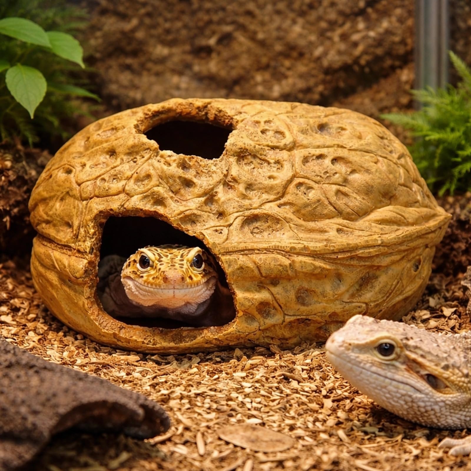 Escondite para reptiles, cueva de nogal para gecko leopardo, decoración de terrario de gecko, accesorios de resina 19 x 12 cm, refugio protegido, fácil acceso, apertura visual