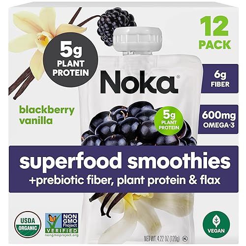 Noka Superfood - Bolsas para batidos de frutas, vainilla de mora, aperitivos saludables con semillas de lino, proteína vegetal y fibra prebiótica,