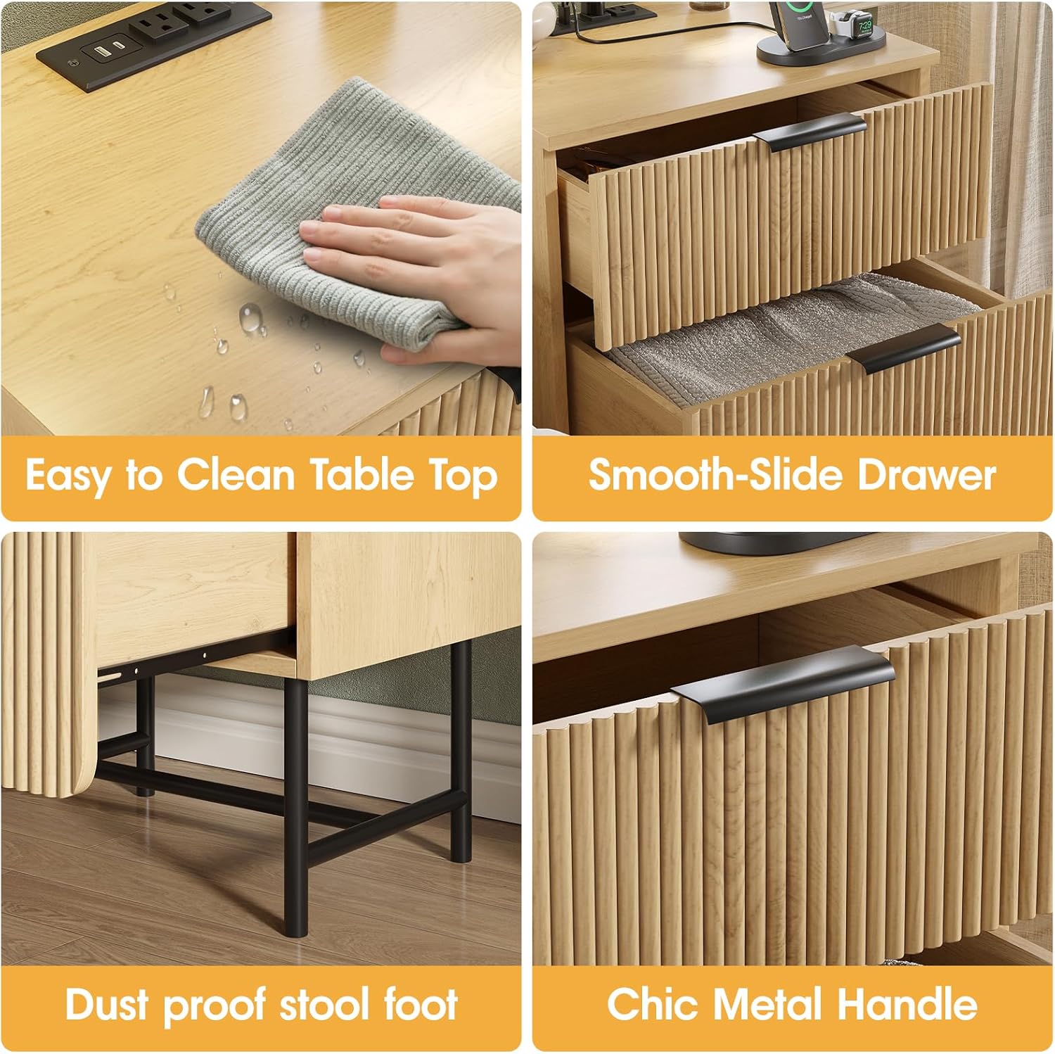 Fluted Nightstand with Charging Station, 20" Modern Bedside Table with 2 Drawers for Bedroom, Mid Century Modern End Table with Storage for Living Room, Natural Oak (1 Piece)