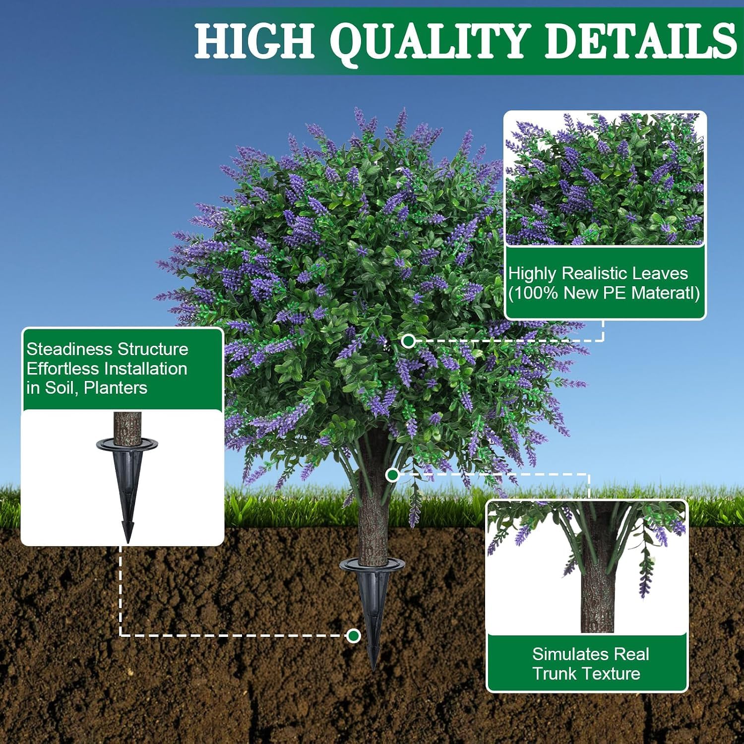 2 arbusti artificiali di bosso con picchetto, piante artificiali con lavanda, per interni ed esterni, giardino, cortile, veranda, terrazza