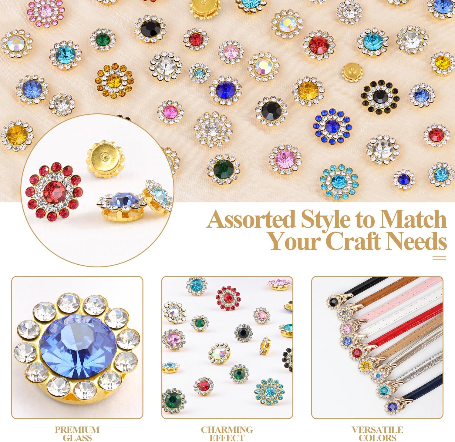 150 Pcs 10/12/14 MM Sew on Rhinestones for Bedazzling,10 Mixed Colors Crystal Glass Flatback Rhinestones for Crafting,Big Gems Large Rhinestone for Clothes Fabric Decor Christmas Thanksgiving Gift - Image 3