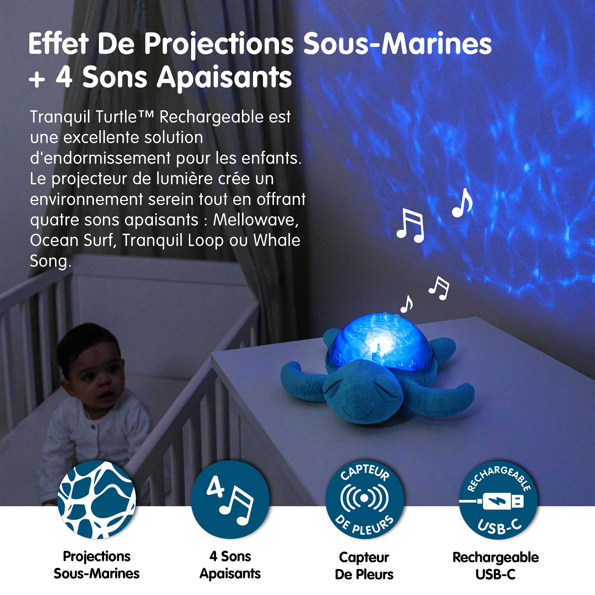 Cloud b Veilleuse musicale et lumineuse tortue | Veilleuse bébé projecteur d’océan avec sons apaisants | Rechargeable et écologique | Tranquil Turtle Aqua