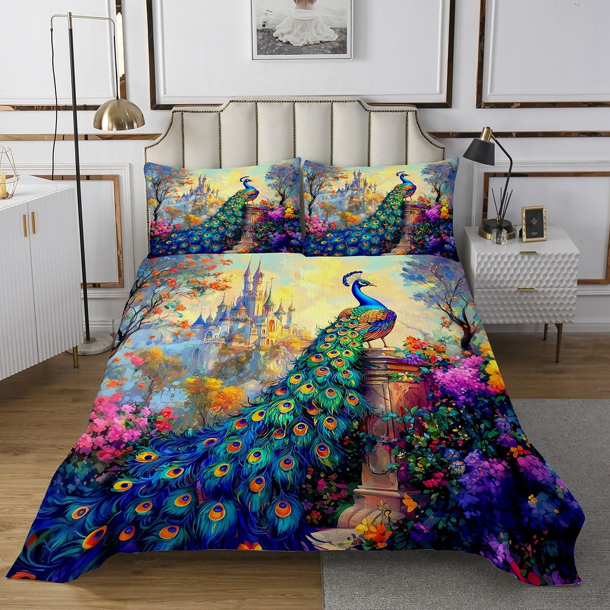 Manfei Peacock Bedspread Twin Size, Watercolor Flower Castle Coverlet Set, Cartoon Wildlife Quilted Coverlet with 1 Pillowcase, Kids Girls Room Decor, Soft Polyester Bedding Quilt