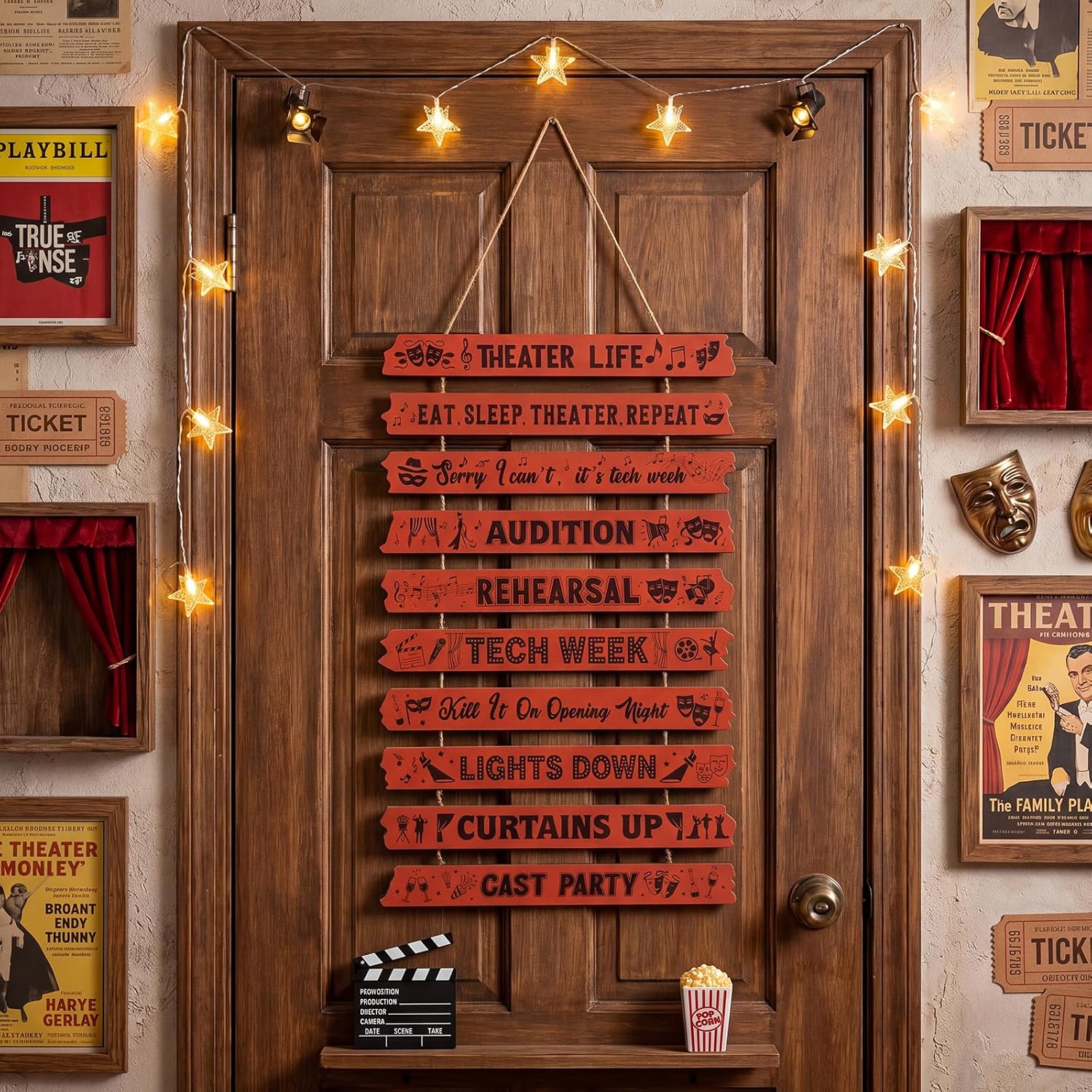 Thinkday Wooden Theatre Wall Decorations Hanging Sign Large Musical Drama Room Decor Banner Stage Rehearsal Hanging Sign Acting Audition Room Decorations Gift for Broadway Theatre Lovers Women