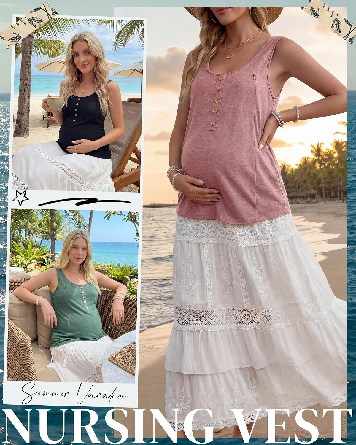 Cutecrop 3 Pack Womens Nursing Tank Tops Hidden Zippers Sleeveless Breastfeeding Shirts Scoop Neck Loose Fit Maternity Tops