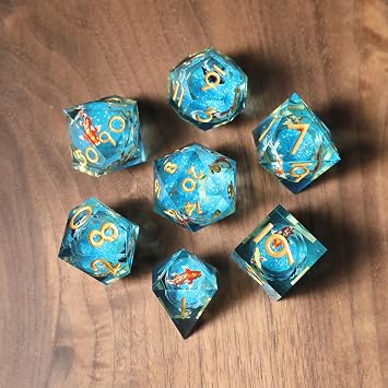 Liquid Core Resin Sharp Edged Polyhedral Dice Set, 7pcs - Koi Fish Ocean Themed RPG Dice for Dungeons and Dragons
