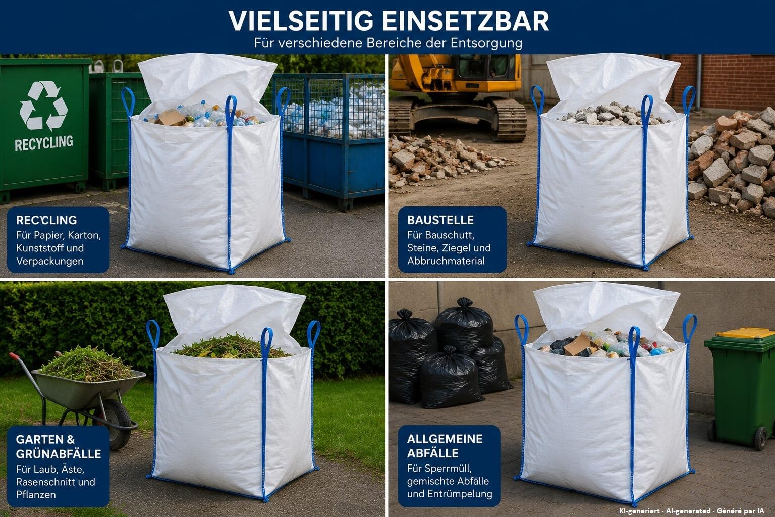 5 Stück Big Bag 90x90x110cm - Säcke für Bauschutt, Holz, Gartenabfall, Sand, Landwirtschaft - Bauschuttsäcke, Tragfähigkeit 1000 kg