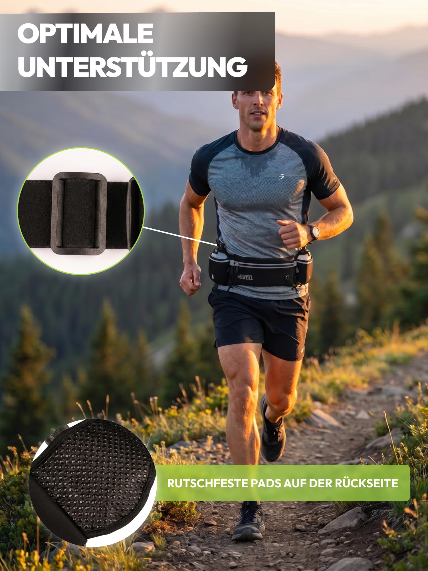 Laufgürtel, Hüfttasche, Sportgürtel mit weicher Flasche, wasserdicht, für Herren und Damen, für Smartphone, iPhone, Samsung Galaxy, bequem, Jogging, Fußball, Wandern (SCHWARZ (News))