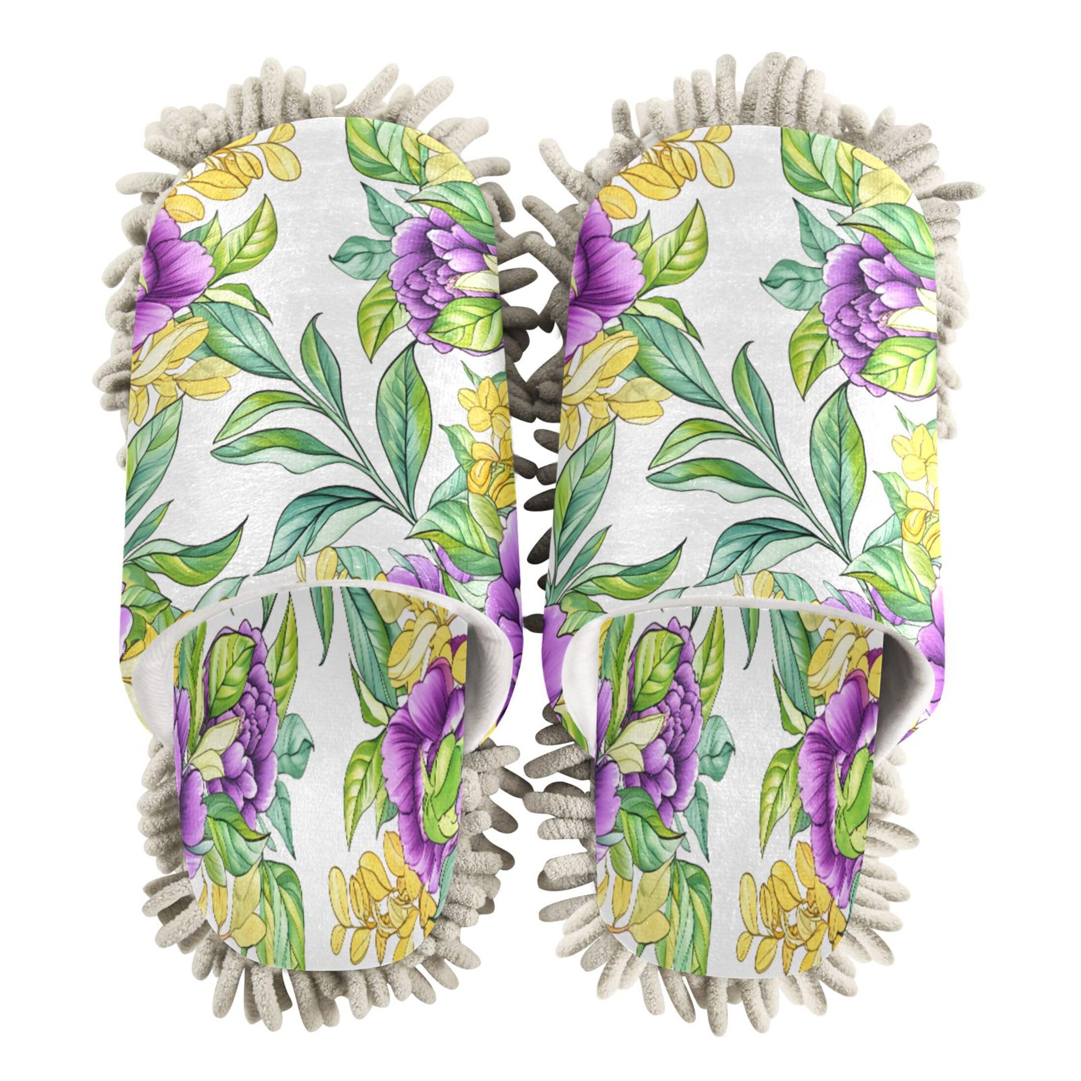 Kigai Purple Peonies Mop Slippers for Floor Cleaning, Slippers for Women Men, Microfiber Floor Cleaning, M