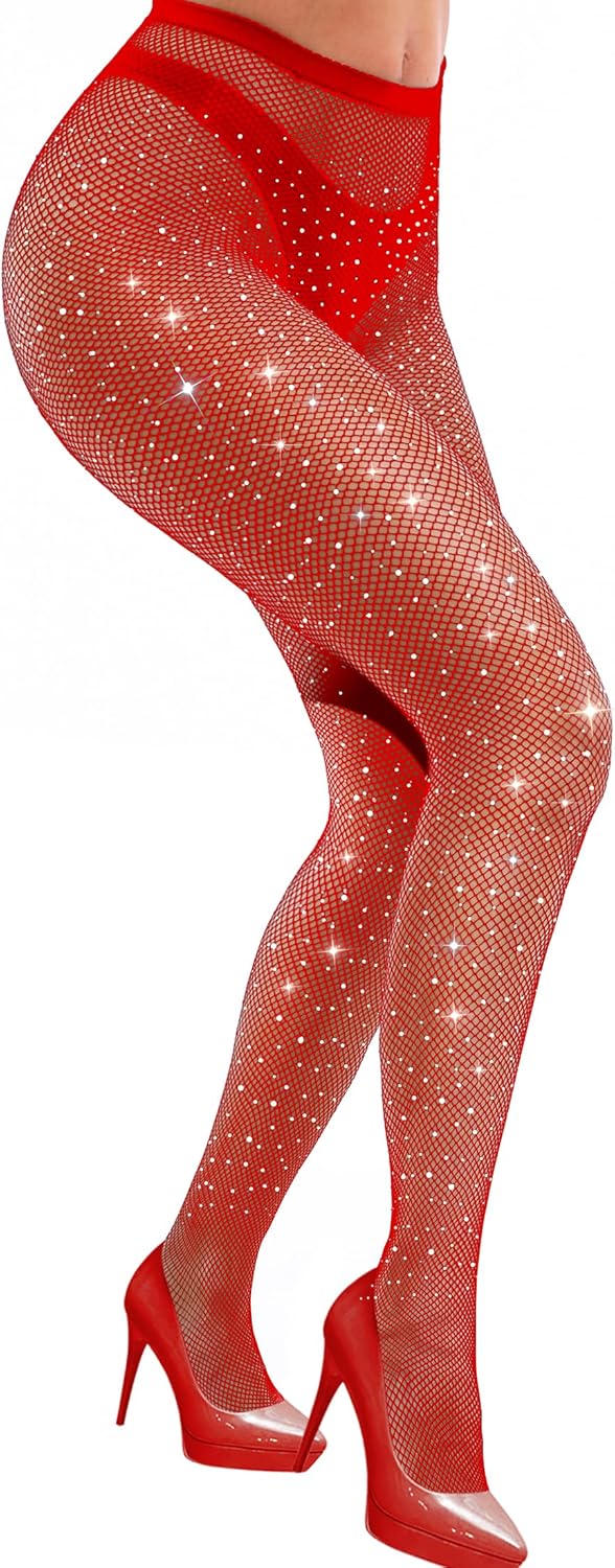 VEBZIN Sexy Sparkly Fishnets Stockings Jeweled High Waist Fishnet