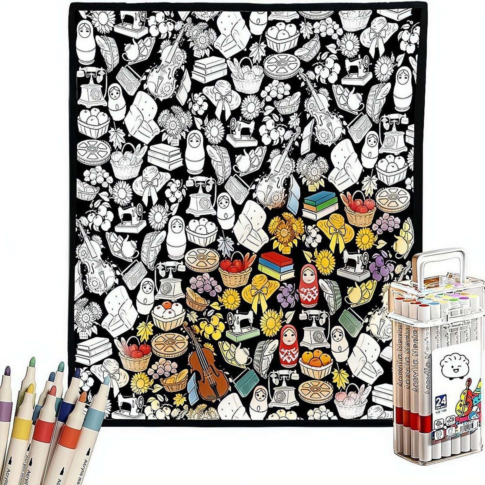 DIY Colouring Blanket for Adults Creative Coloring Blanket with 24 Markers Cozy Doodle Blankets Reusable Washable Coloring Blankets for Adults and Kids, Relax Stress Home Decor (H)