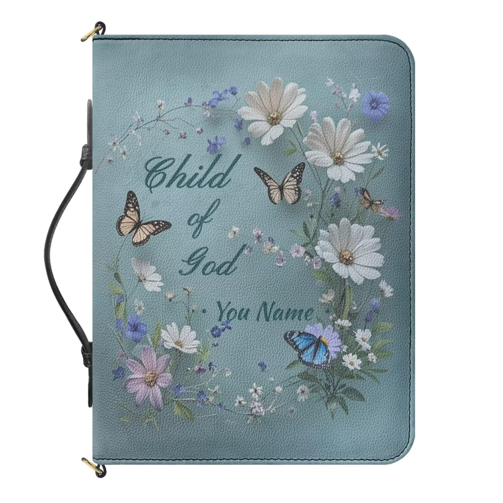 Urndoeng Blue Personalization Bible Covers for Women, Butterfly Daisy Print Custom Bible Case with Handle PU Leather Biblia Protecto with Inner Pockets Christian Gifts for Women