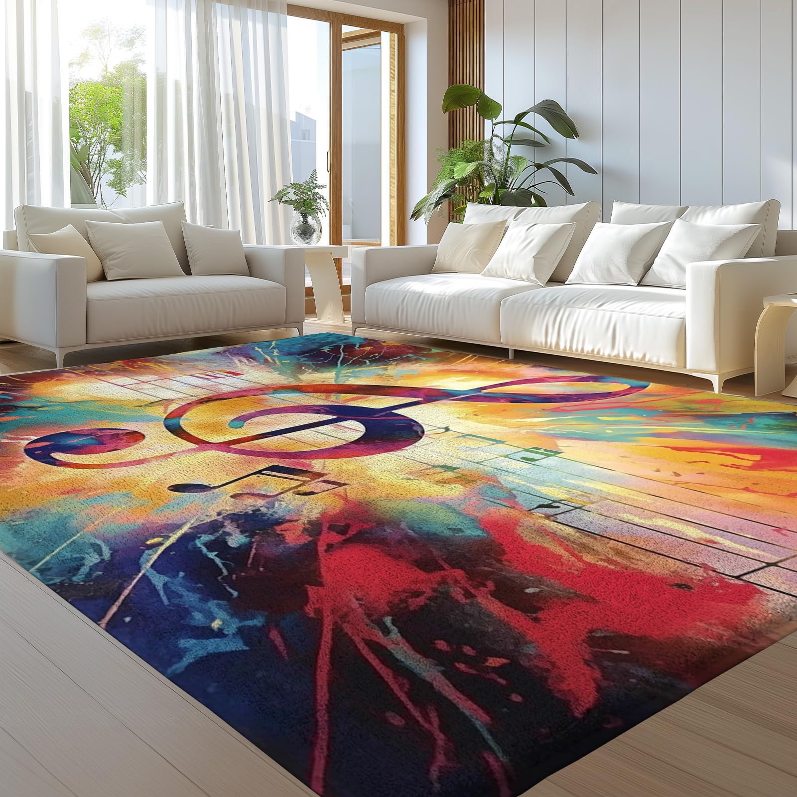 Tapis de salon antidérapant à poils ras avec motifs de musique abstraits