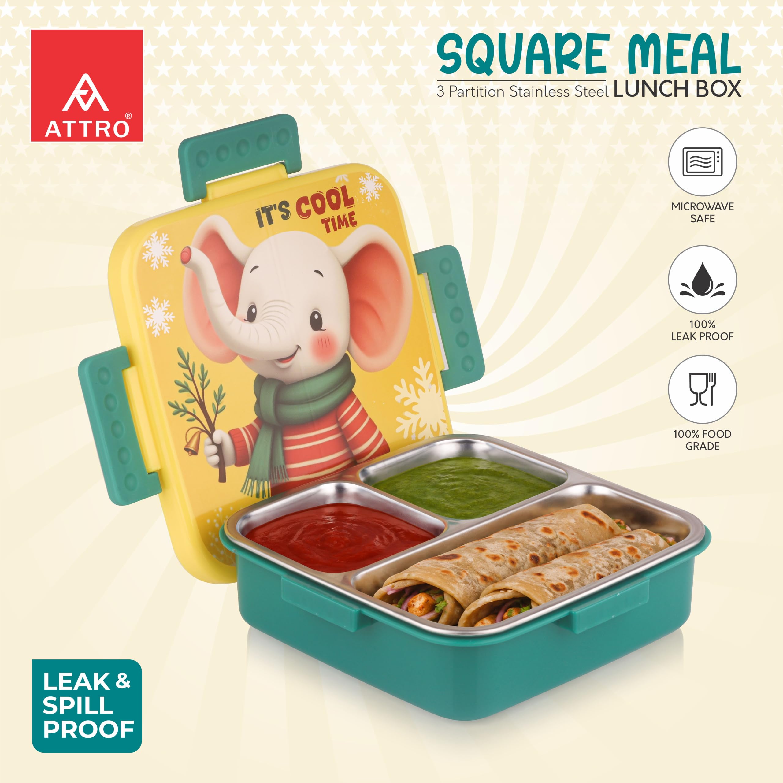ATTRO Kids Lunch Box - Stainless Steel 3 Compartment -5
