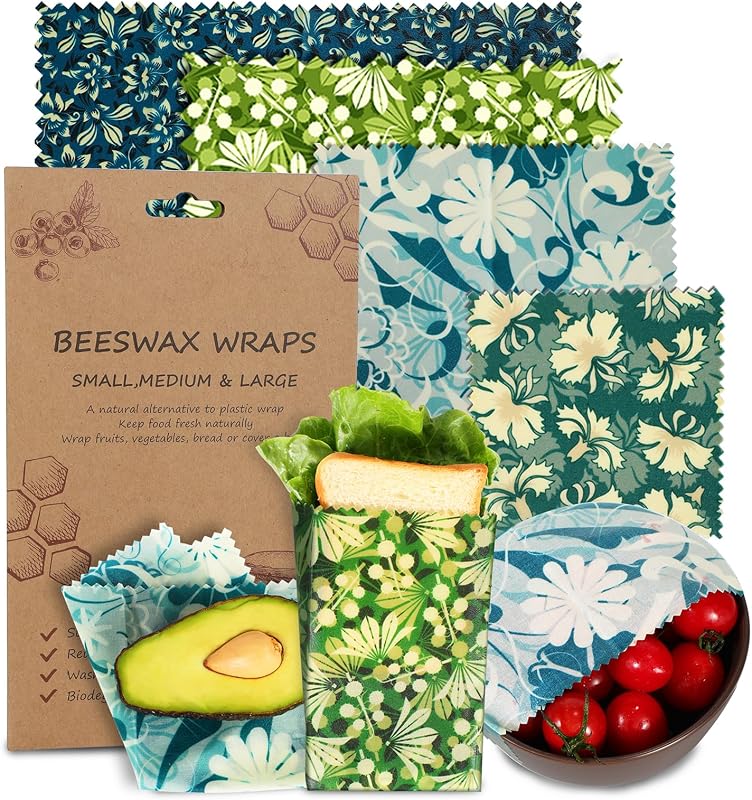 Reusable Beeswax Wrap, 4 Pack Eco-Friendly Beeswax Wraps For Food, Organic, Sustainable, Biodegradable, Zero Waste, Plastic-Free Food Storage (Flowers and Leaves)