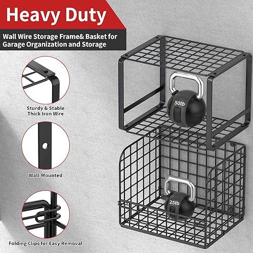 Miniatura 3 de TomCare Paquete de 2 estantes de garaje resistentes con cestas de alambre, estantes de lavandería, estantes montados en la pared, organizador de