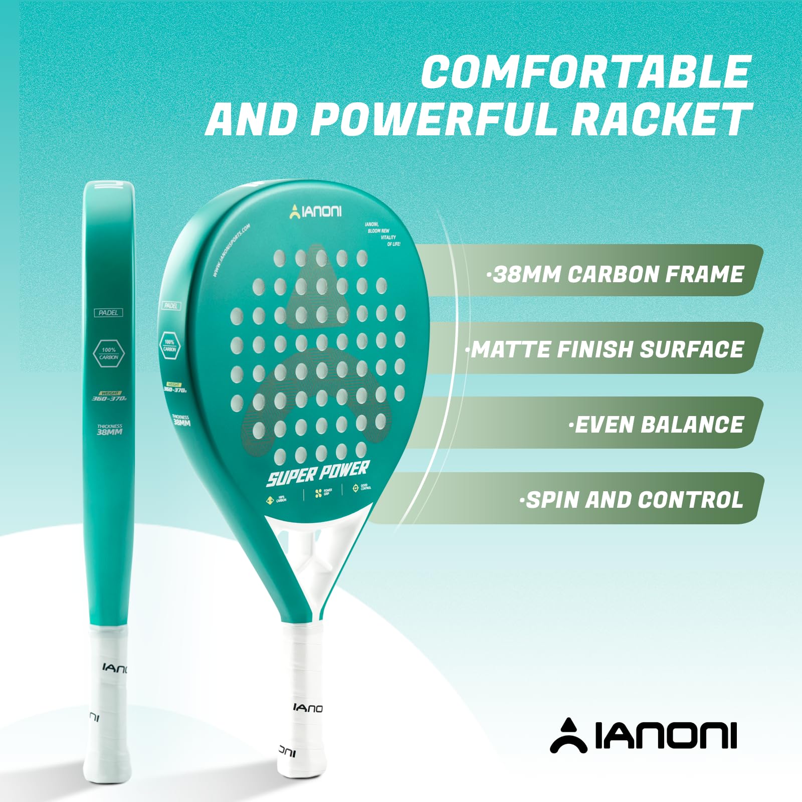 ianoni Racchetta da padel in fibra di carbonio+superficie ruvida con schiuma EVA Memory Flex Core-Green