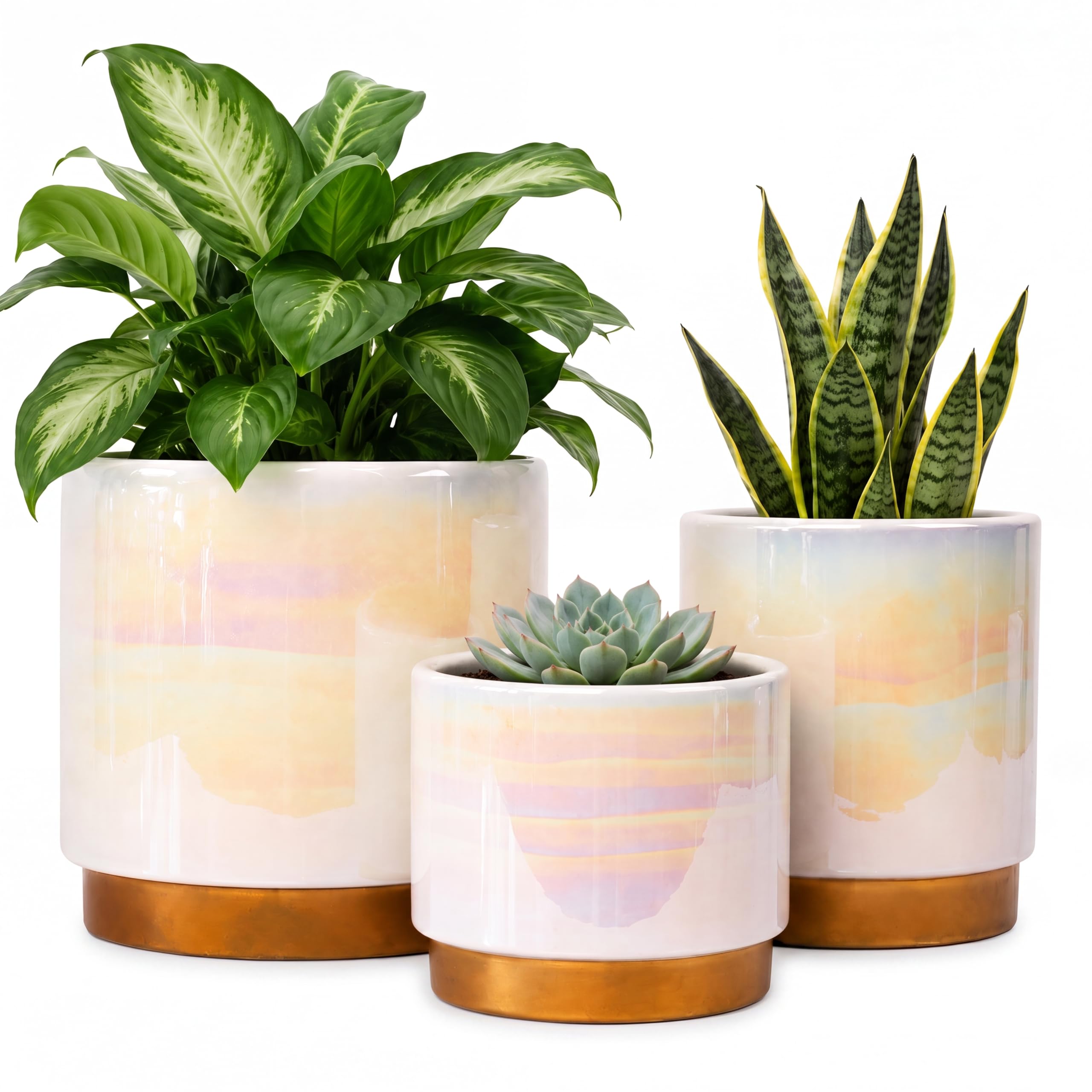 Białe doniczki do wnętrz, doniczka ceramiczna z otworem drenażowym, 15 cm + 12 cm + 10 cm. Doniczka na sukulenty orchidea - tęczowa glazura perłowa