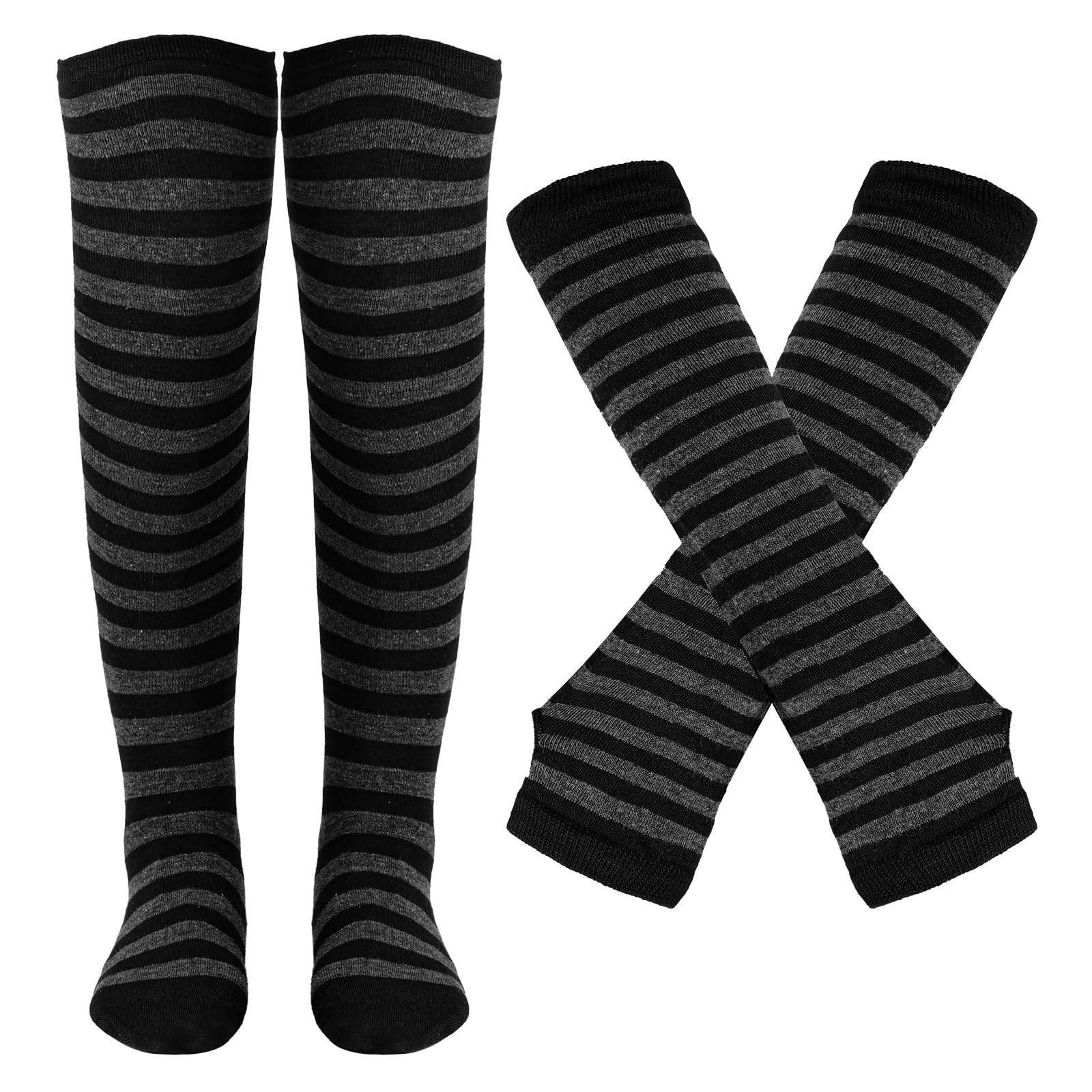 Tongcloud Women's Striped Knee High Socks, Over Knee Thigh High Socks, Arm Warmer and Fingerless Gloves Set