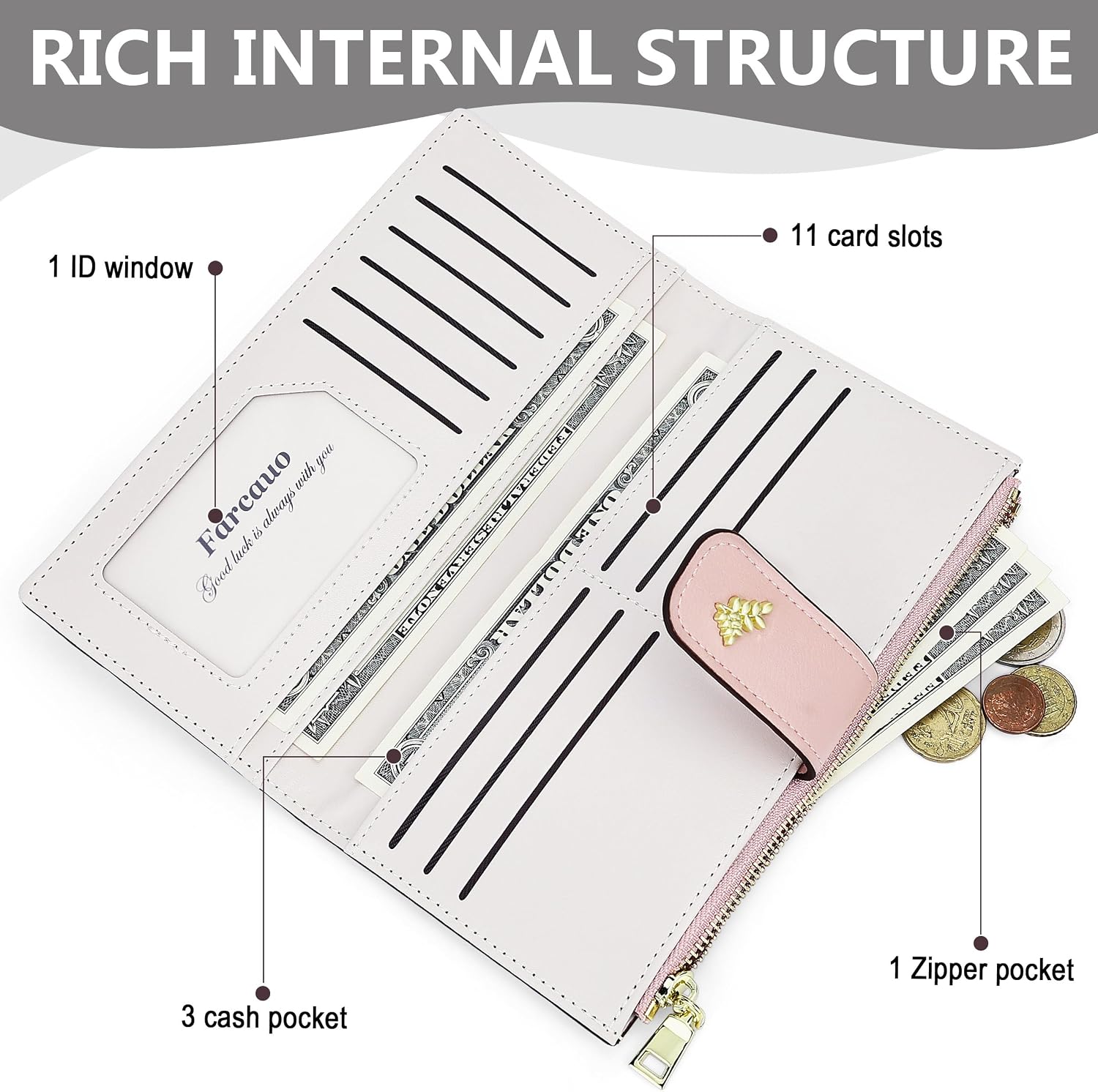 Farcauo Wallet Women Slim Wallets for Women with RFID Blocking Cute Thin Pink Women's Wallet Kawaii Flower Womens Ladies Card Holder Wallets image 3