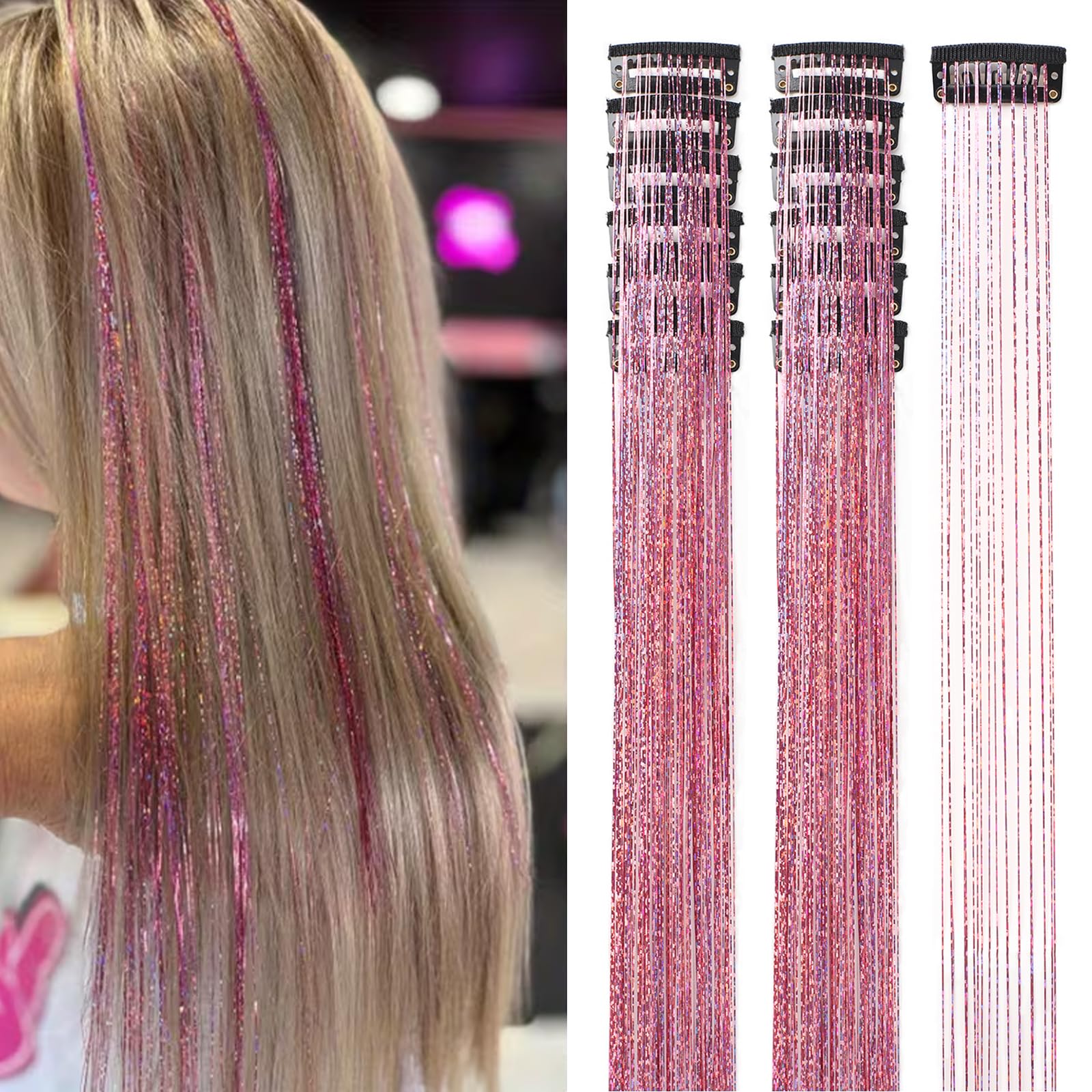 Hair Tinsel 12 Pcs Clip in Hair Tinsel Kit for Girls 20.5 Inch Glitter Shiny Sparkly Fairy Tinsel Hair Extensions Heat Resistant Party Festival