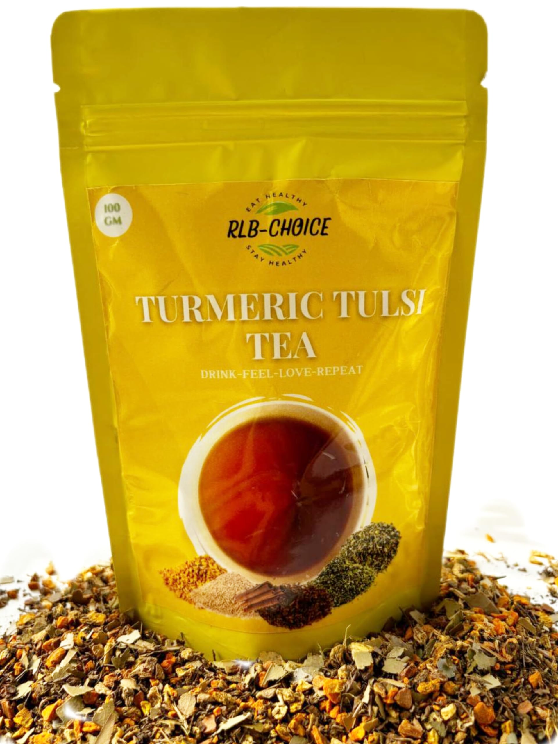 RLB-CHOICE Turmeric Tulsi Herbal Tea | 100g Loose Leaf Blend | Natural Ingredients | Caffeine-Free | Refreshing Herbal Infusion for Daily Wellness | Eco-Friendly Pack