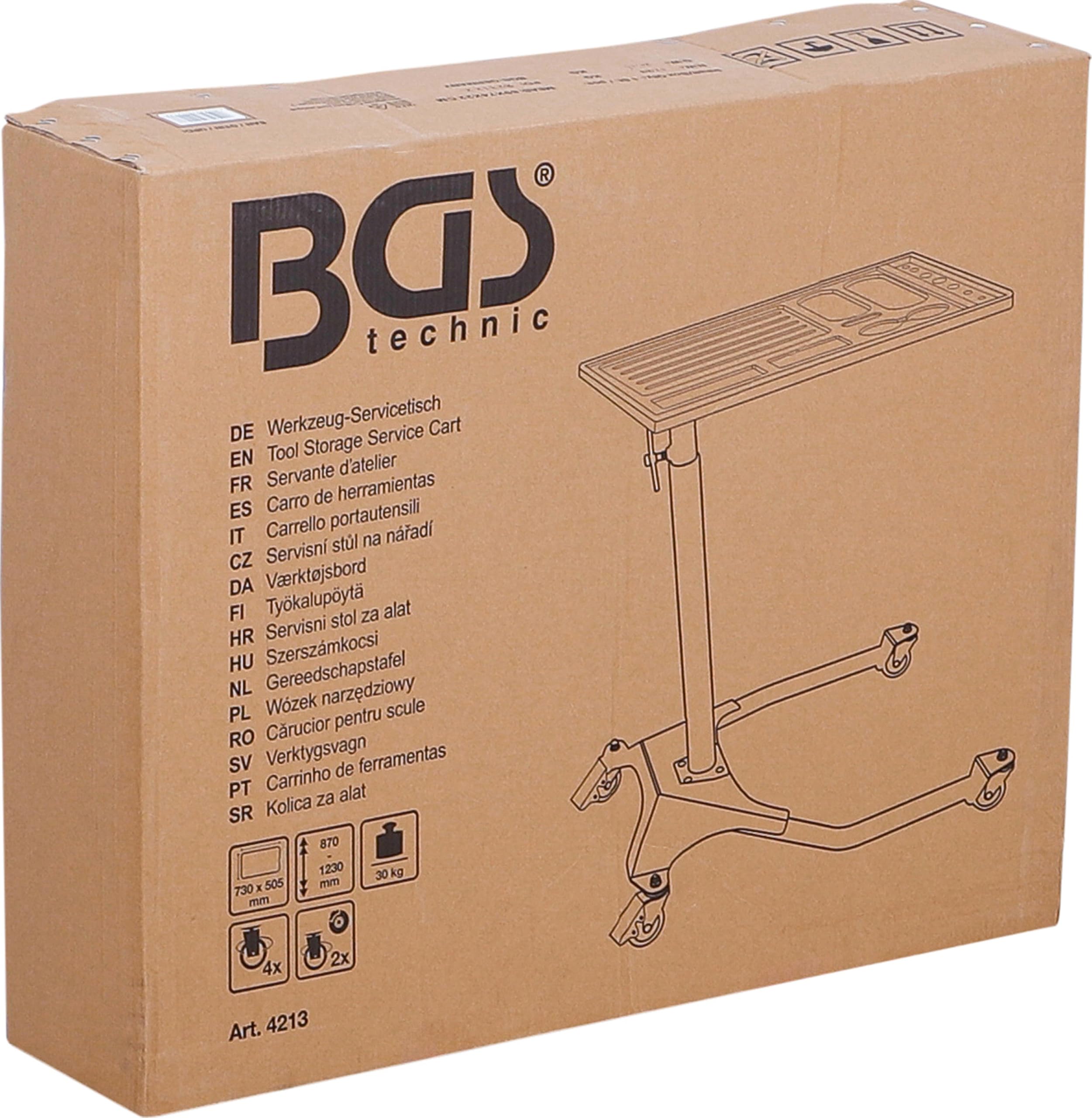 BGS 4213 | Werkzeug-Servicetisch | fahrbar | höhenverstellbar | 30 kg | Höhe 870 - 1230 mm | Stahl, Polystyrol (PS) | 4 Lenkrollen, 2 feststellbar | mehrere Ablageebenen