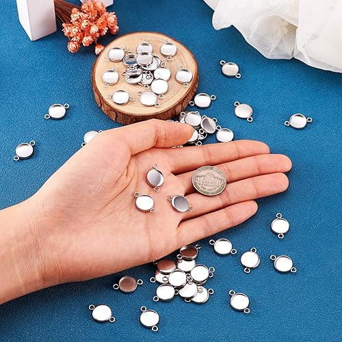 Miniatura 13 de Craftdady 100 conectores colgantes de bandeja de bisel de 0.98 pulgadas (0.984 in), color blanco cameo redondo, cabujón de acero inoxidable, doble