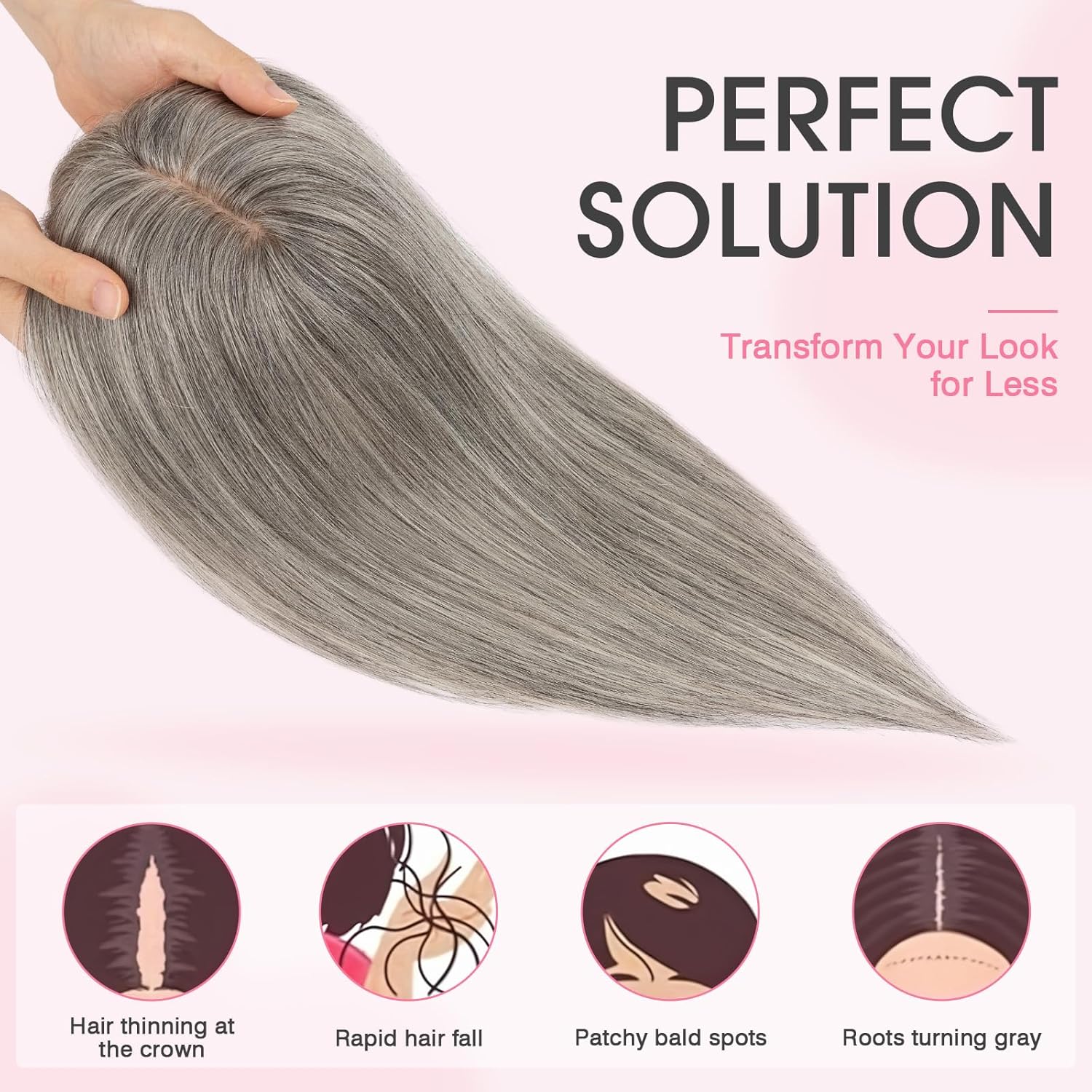 TESS Real Human Hair Topper for Women Clip In Bangs Handmade Lace Base 3 Clips Enhanced Coverage Stylish & Comfortable 8×10cm, 10 Inch, Grey