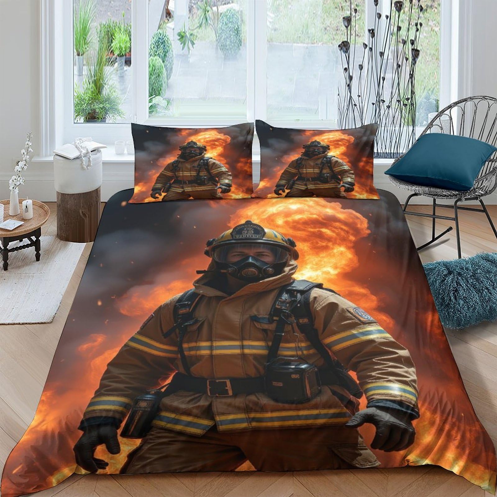 Ctjqhvkz Style-2 3D Printed Firefighter Theme Fitted Sheet Microfiber Mattress Cover Flame Pattern For Bedroom Guest Room Decor Single（135X200cm）