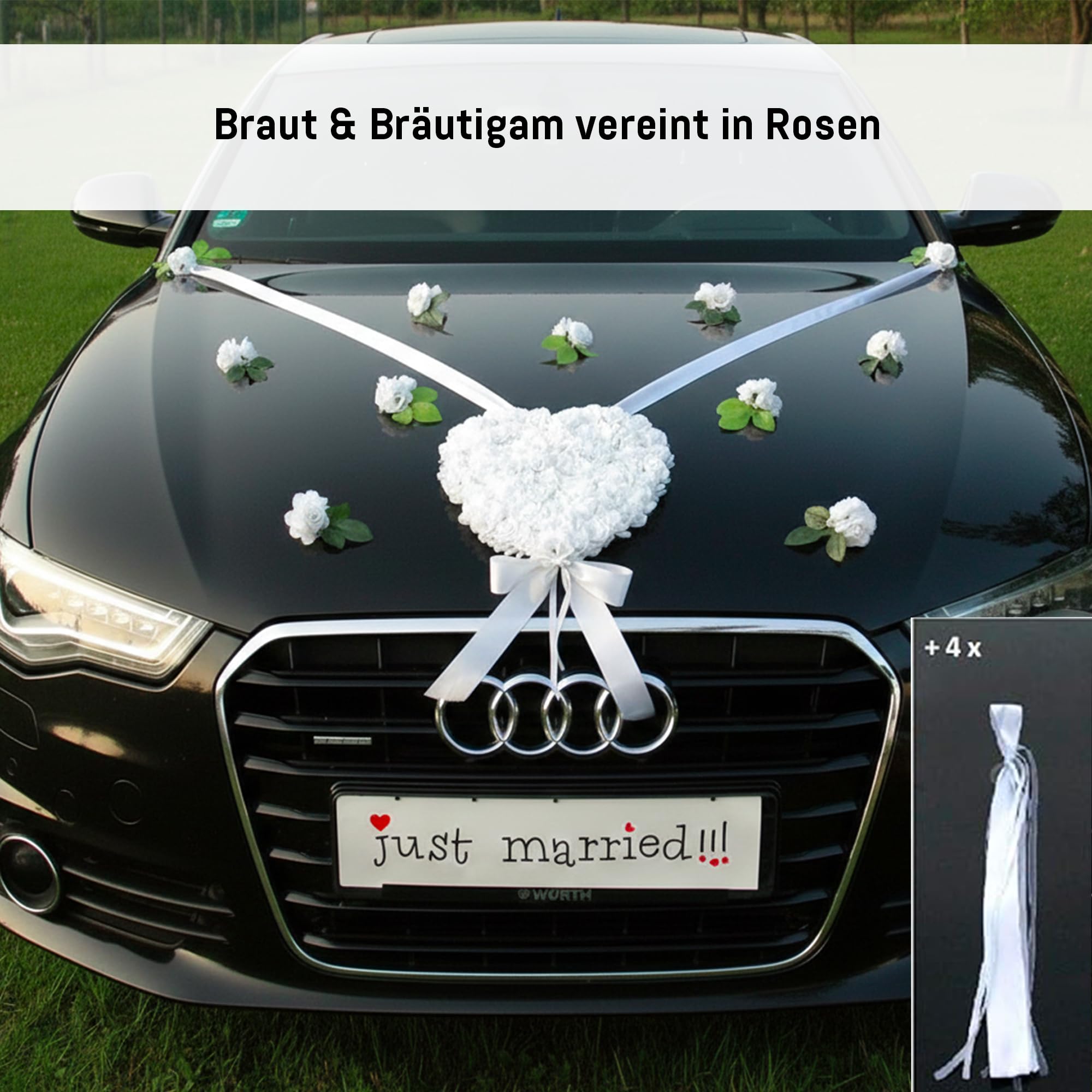 LIEBESHERZEN Braut Paar Rose Deko Dekoration Autoschmuck Hochzeit Car Auto Wedding Deko Girlande PKW ®Auto-schmuck (reinweiß 2)