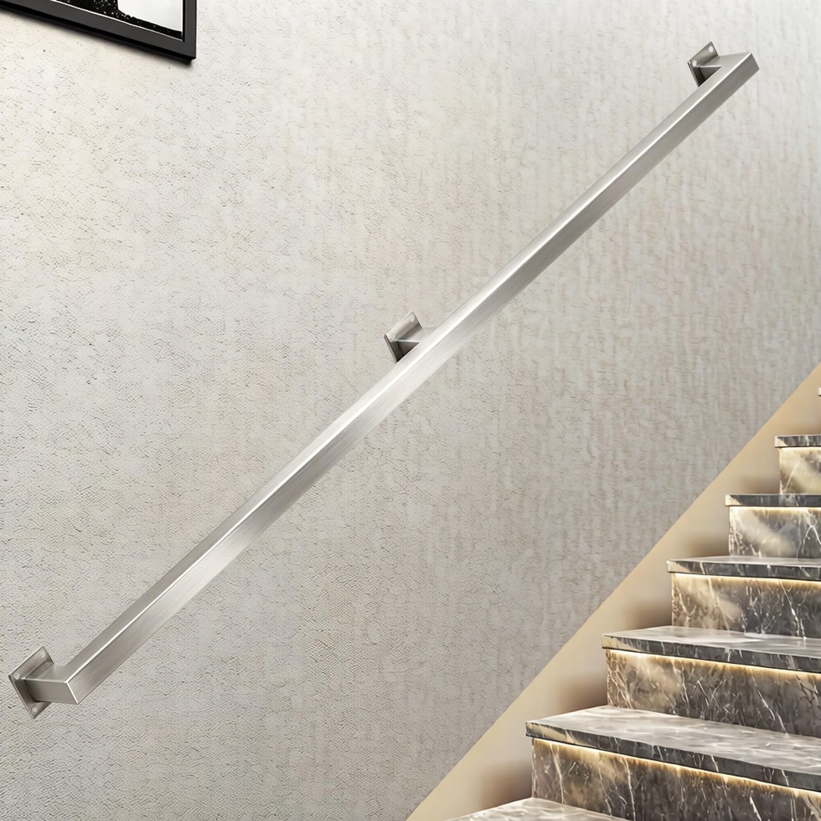 Industrial Metal Handrail 1FT 2FT 5FT 10FT 12FT Square Pipe Heavy Duty Grab Rail Wall Mounted Stainless Steel Stair Railing for Exterior External(12ft/360cm)