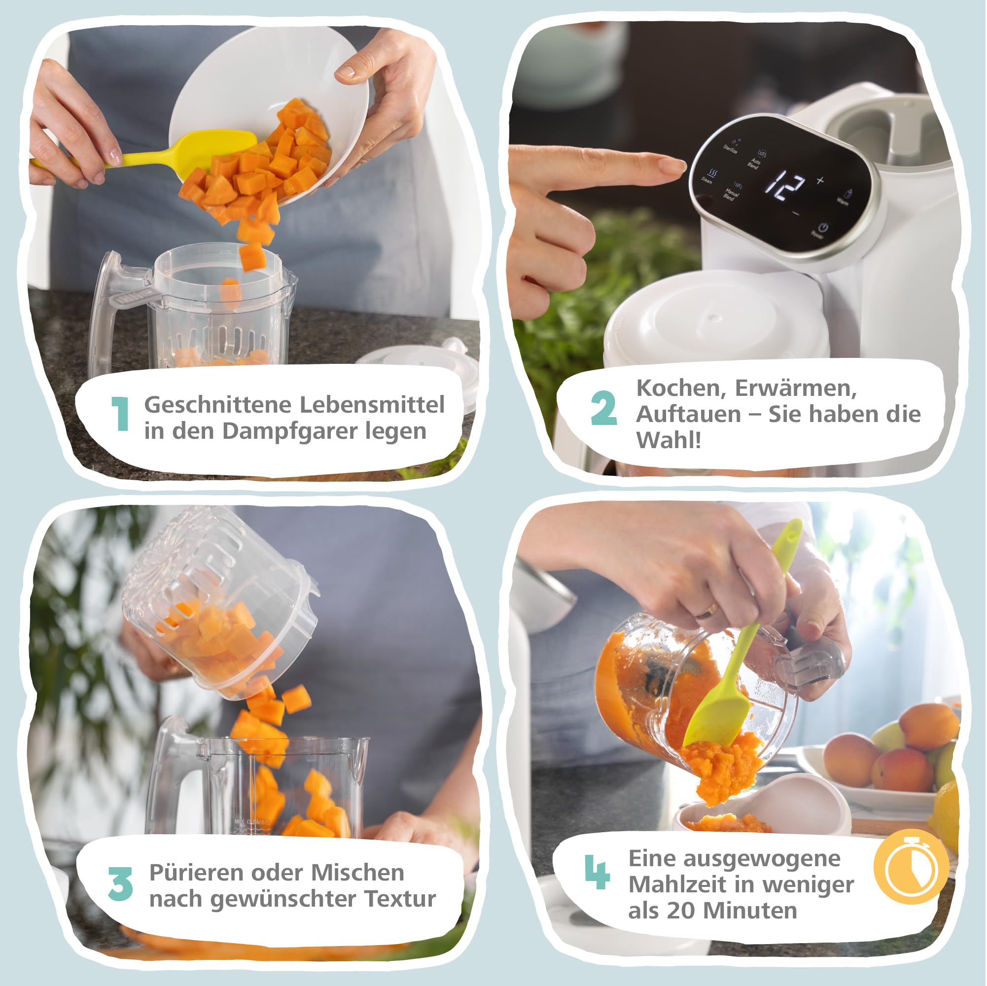 Sweety Fox - Babynahrungszubereiter Mixer - 7 Funktionen - Dampfgaren, Mixen, Pulsfunktion, Selbstreinigung, Sterilisieren, Aufwärmen, Auftauen - Babybrei Zubereiter